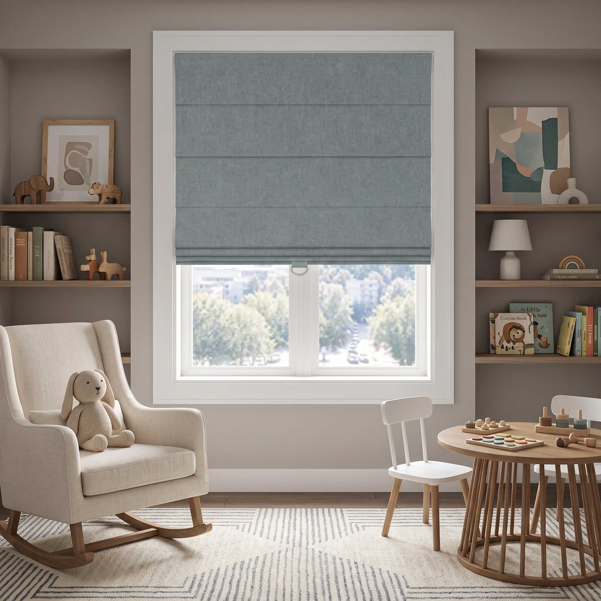 DraperyUS Custom Roman Shades - Dusty Blue - A calm blue with a sophisticated grey undertone.