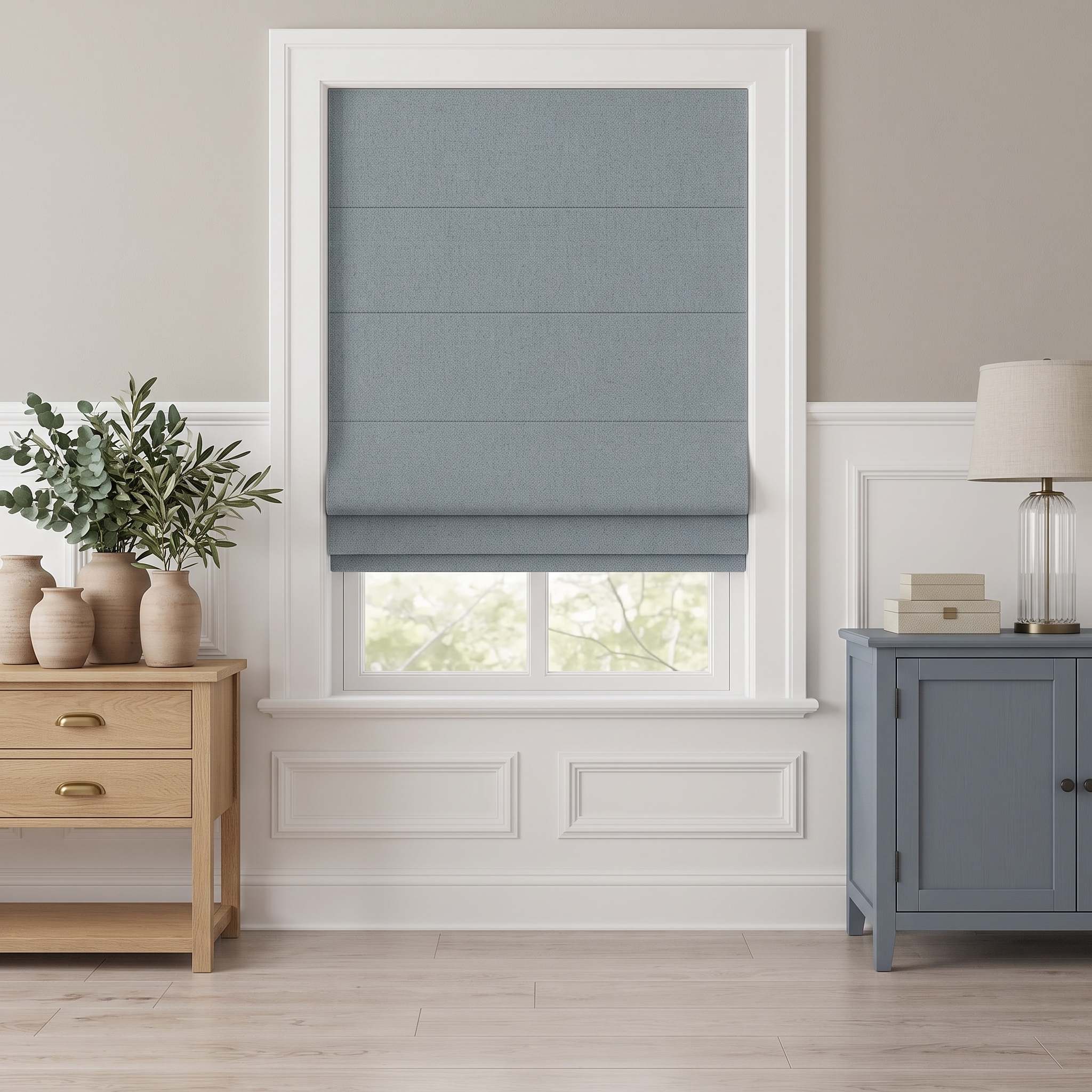 DraperyUS Custom Roman Shades - Dusty Blue - A calm blue with a sophisticated grey undertone.