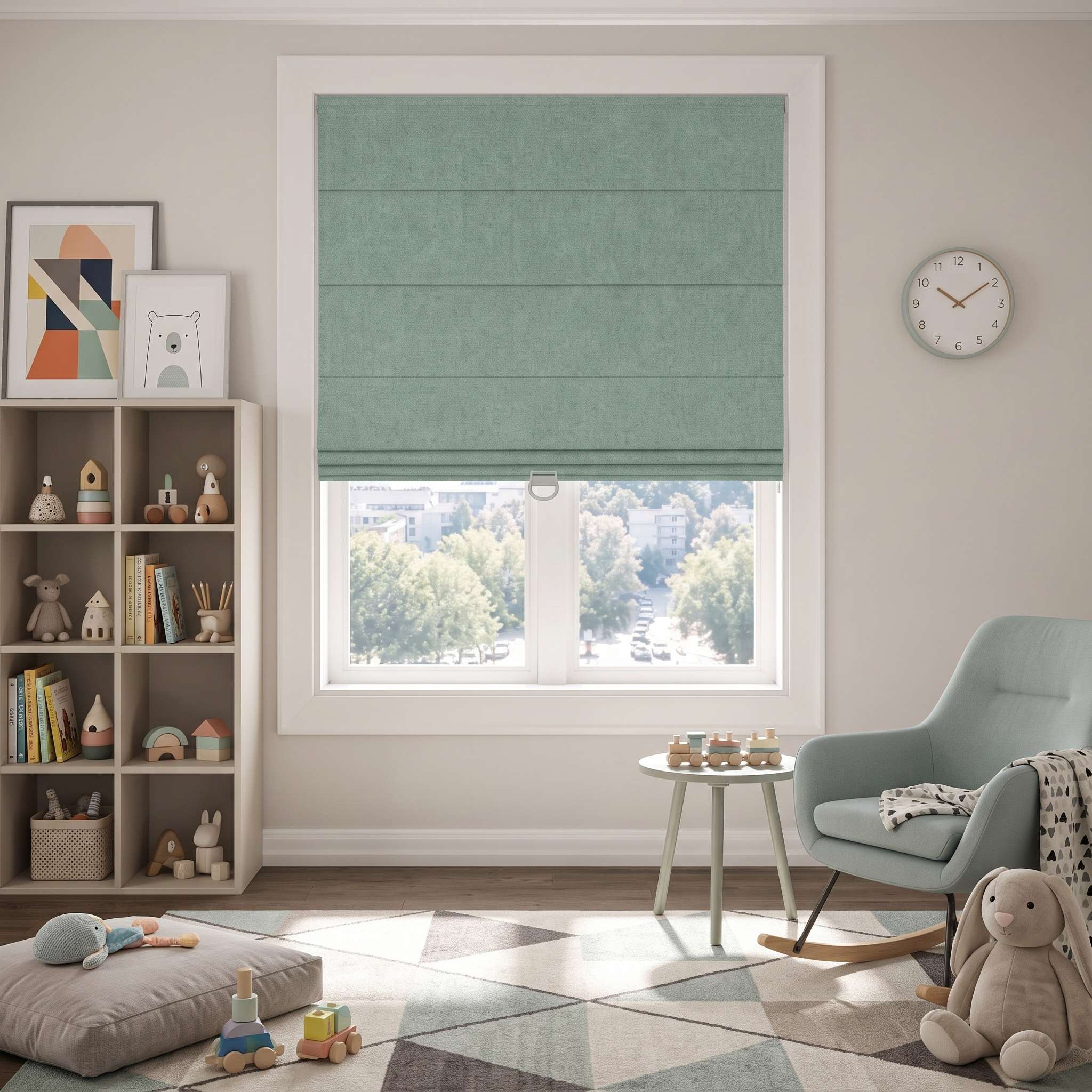 DraperyUS Custom Roman Shades - Sage Green - A fresh, low-saturation green for a serene feel.