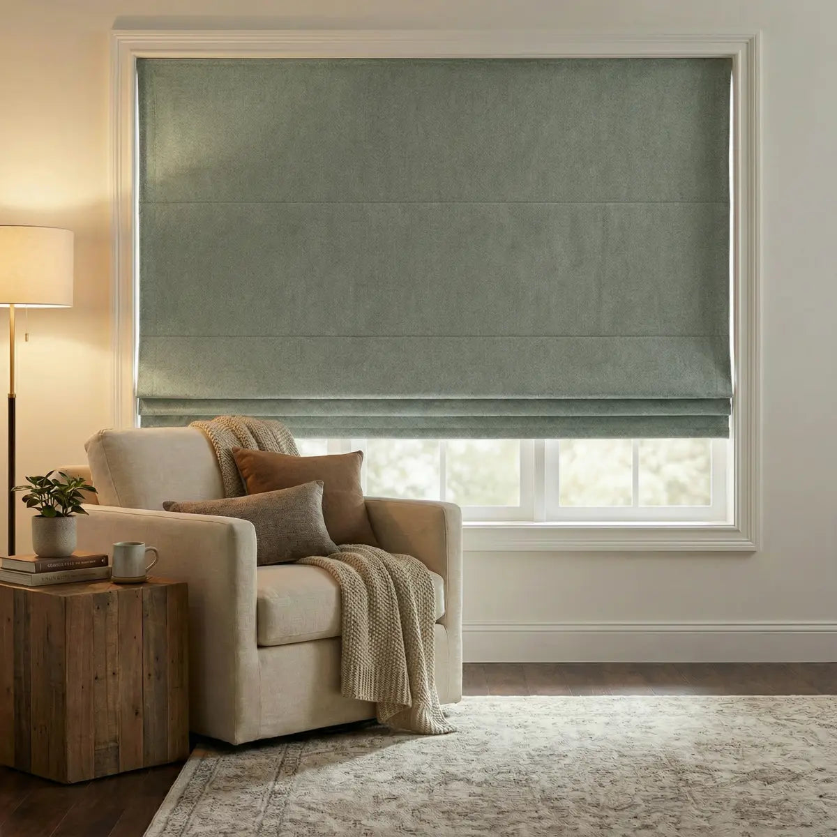 DraperyUS Custom Roman Shades - Sage Green - A fresh, low-saturation green for a serene feel.