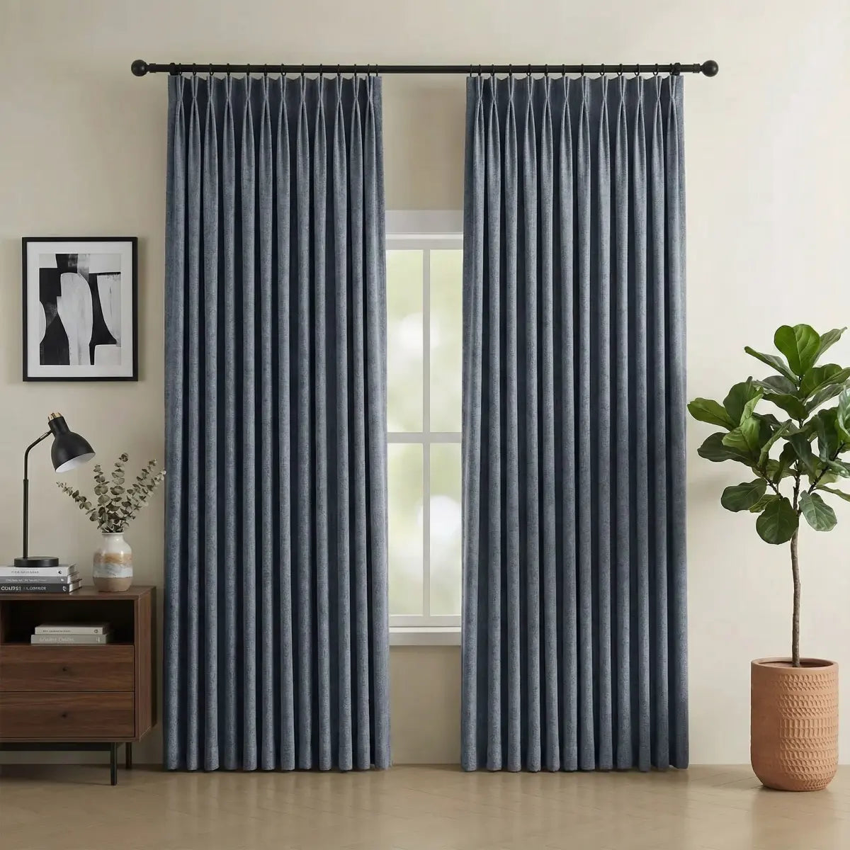 DraperyUS Custom Blackout Linen Curtains - Denim Blue - A classic blue tone with a rugged denim texture.