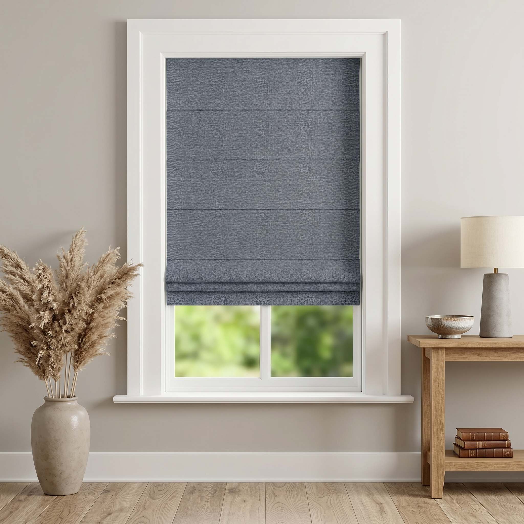 DraperyUS Custom Roman Shades - Denim Blue - A classic blue tone with a rugged denim texture.