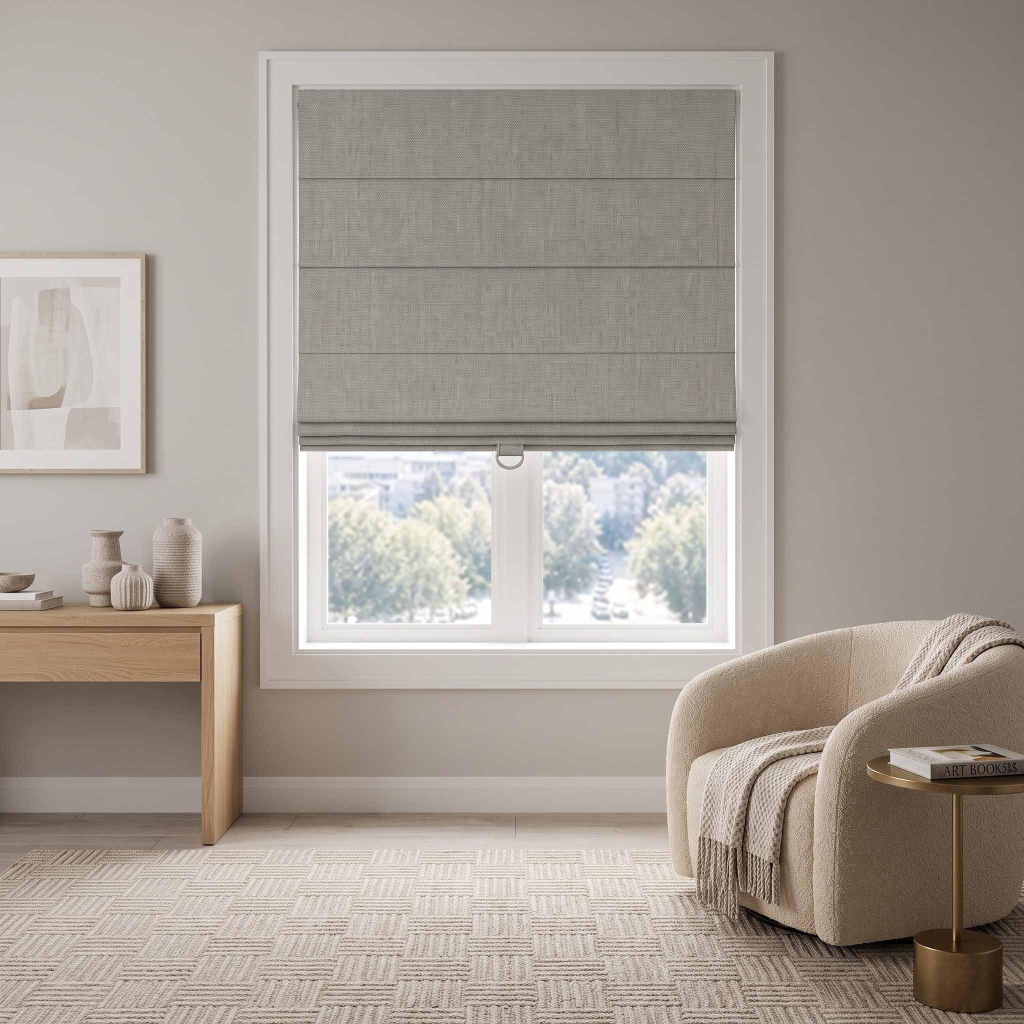 DraperyUS Custom Roman Shades - Silver Grey - A bright, metallic-toned grey for modern interiors.