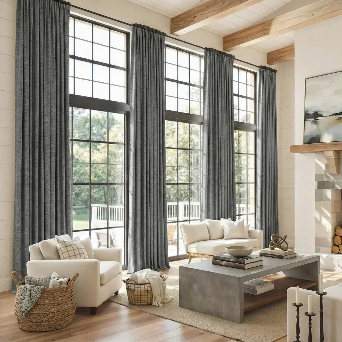 DraperyUS Custom Extra Long 100% Blackout Linen Curtains - Charcoal - A rich and deep slate grey color.