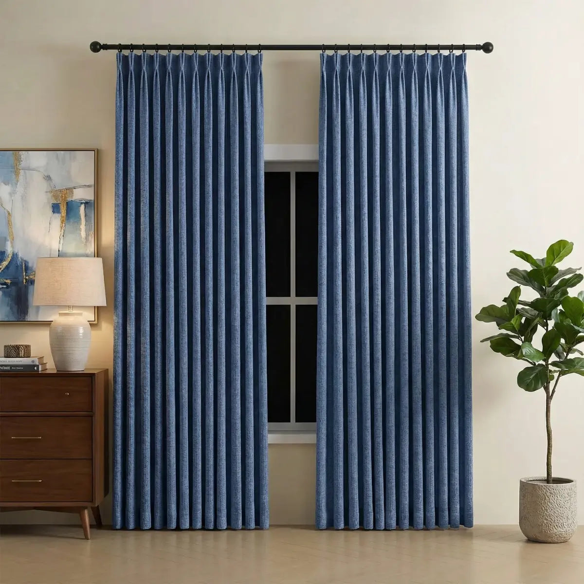 DraperyUS Custom Blackout Linen Curtains - Ink Blue - A profound and deep midnight blue tone.