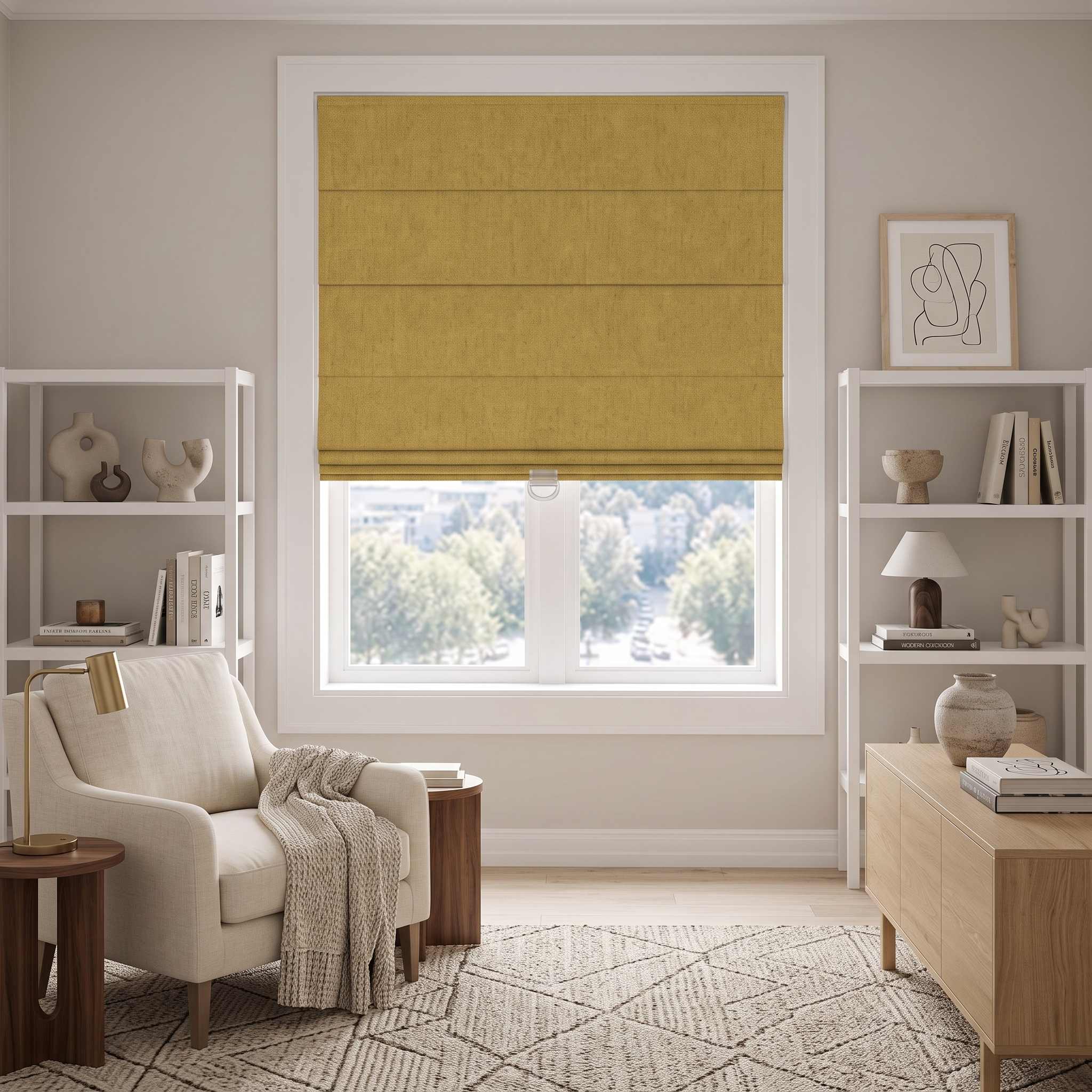 DraperyUS Custom Roman Shades - Mustard Yellow - Bright yet not harsh, with a touch of vintage feel.