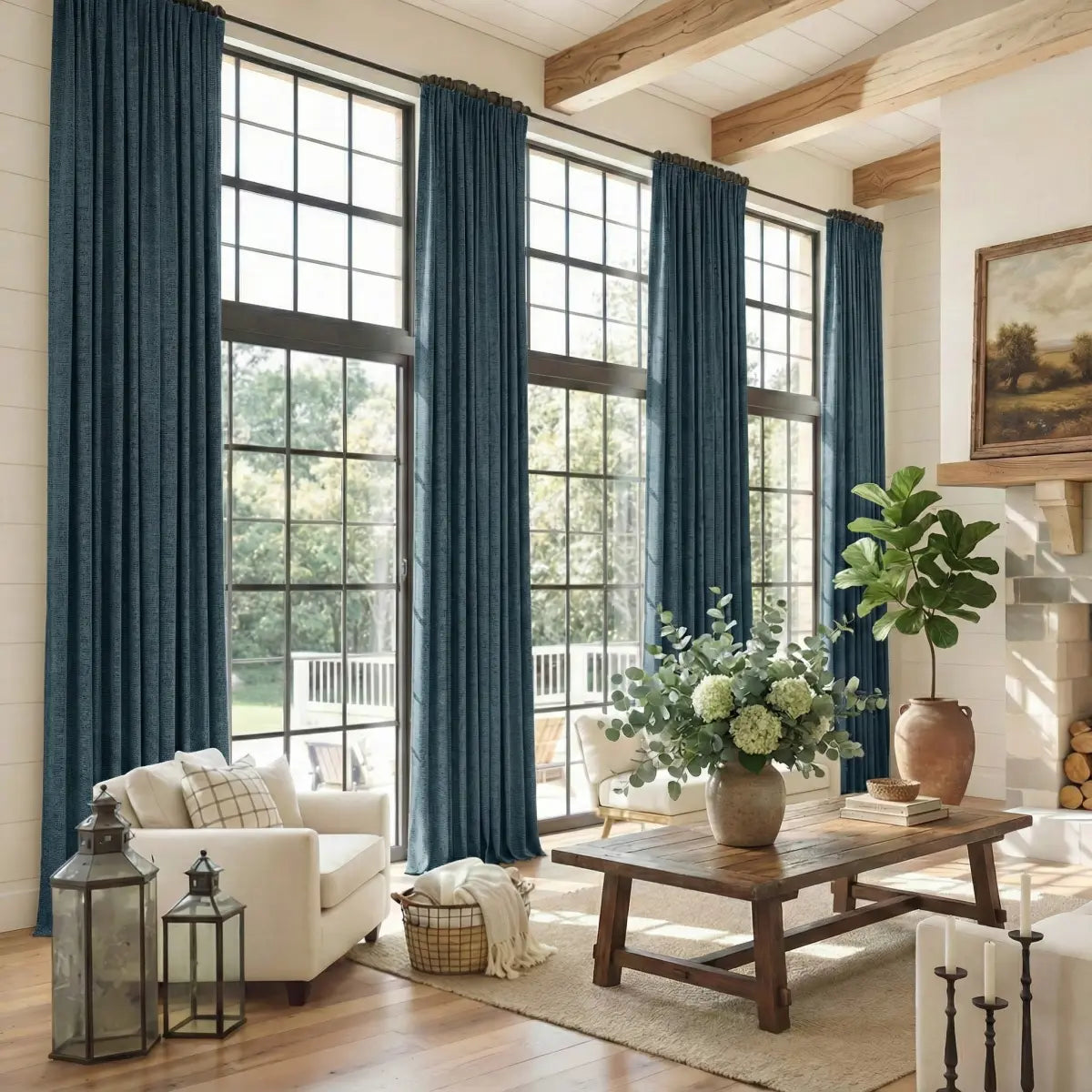 DraperyUS Custom Extra Long 100% Blackout Linen Curtains - Peacock Green - An elegant and rich deep blue-green.