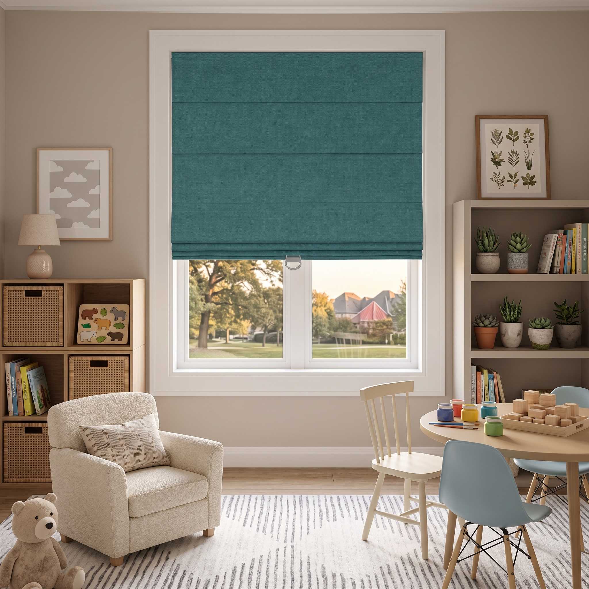 DraperyUS Custom Roman Shades - Peacock Green - An elegant and rich deep blue-green.