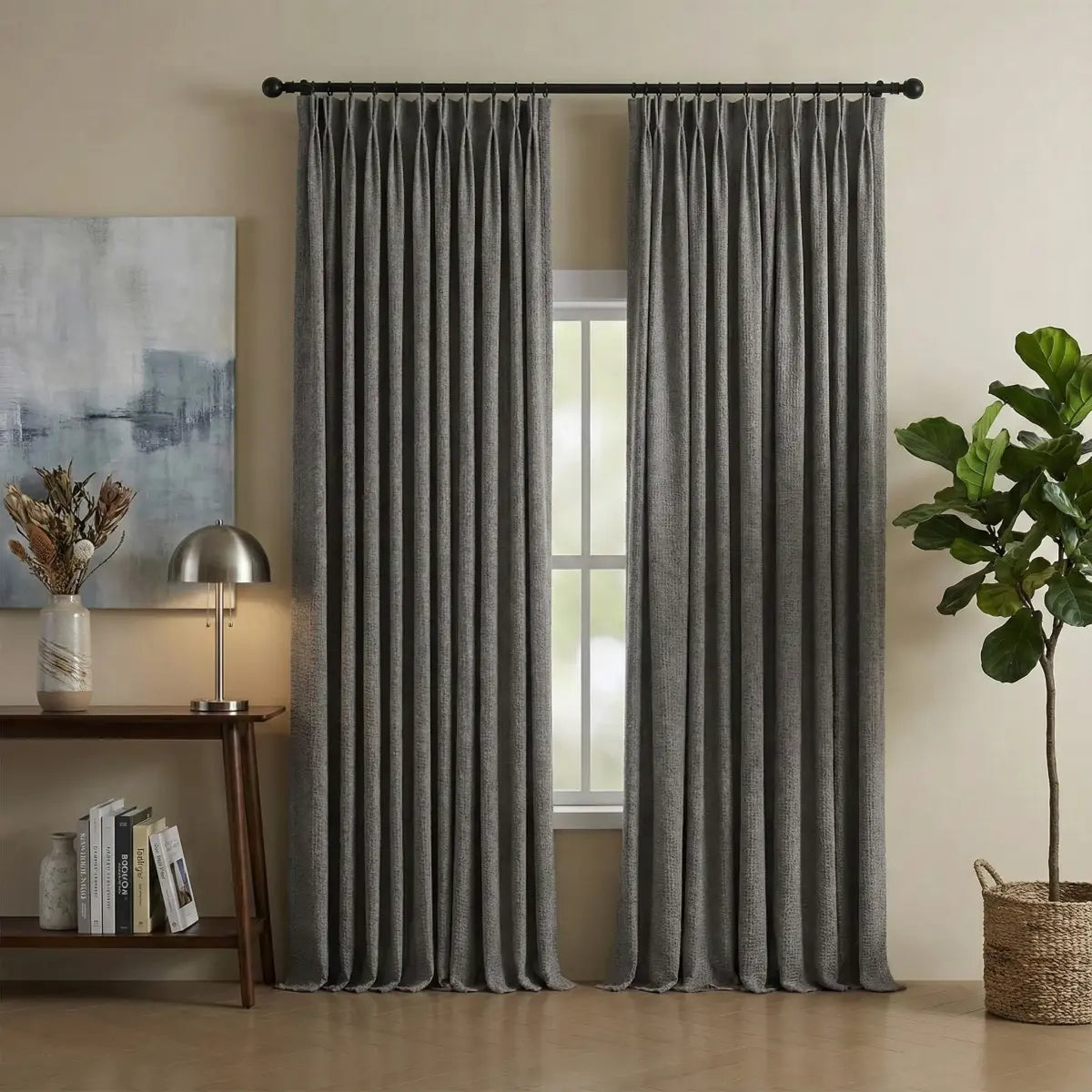 DraperyUS Custom Blackout Linen Curtains - Smoke Grey - A concentrated and deep smoky grey tone.