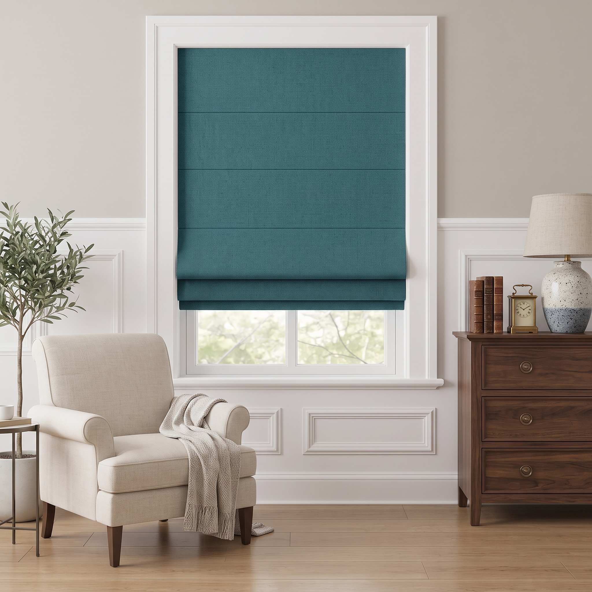 DraperyUS Custom Roman Shades - Peacock Green - An elegant and rich deep blue-green.