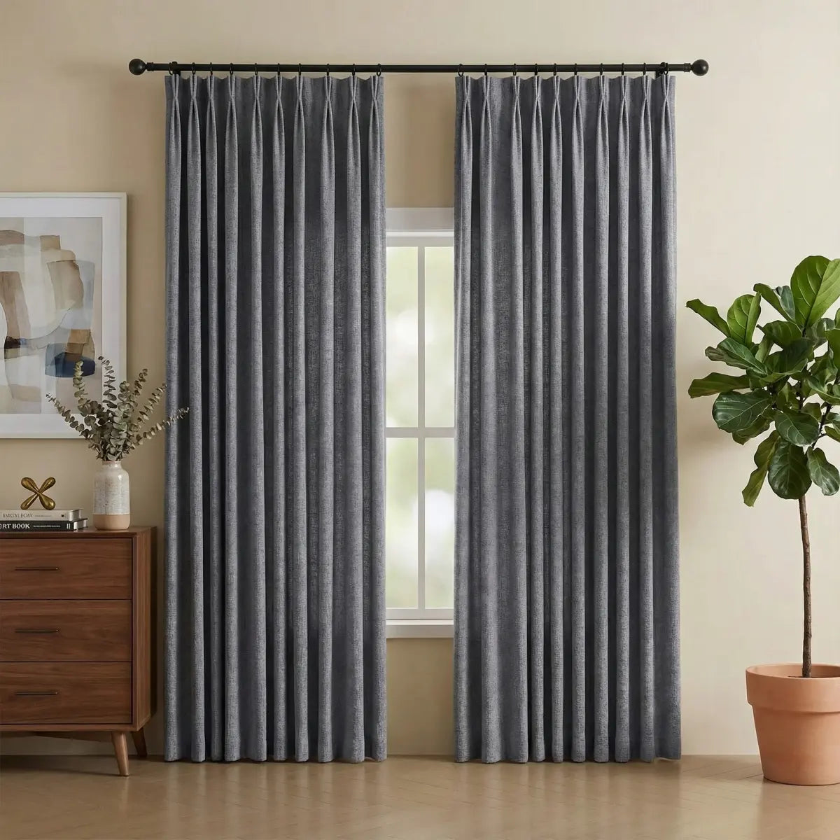 DraperyUS Custom Blackout Linen Curtains - Iron Grey - A dark, solid grey approaching black.