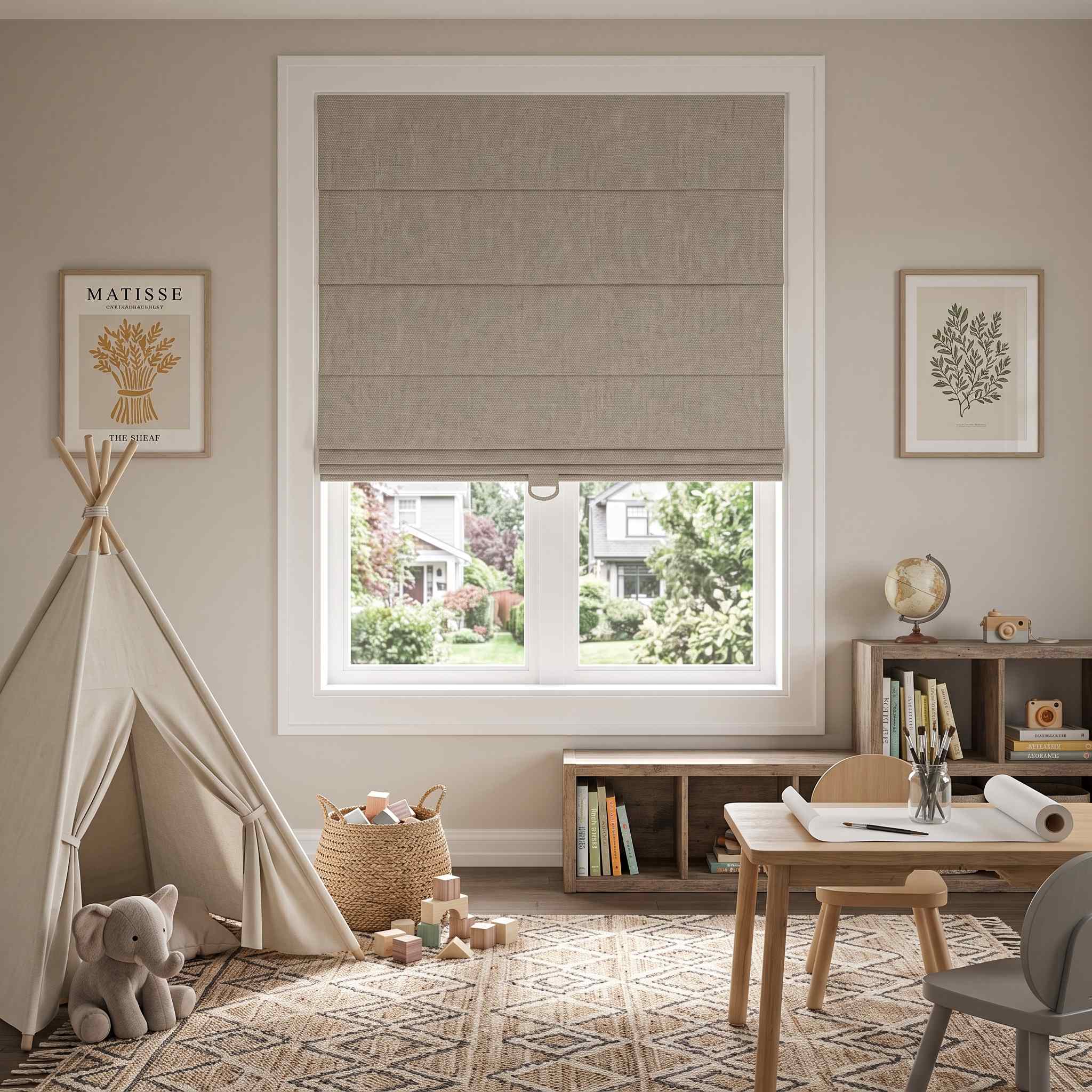DraperyUS Custom Roman Shades - Oatmeal - A soft, natural fabric feel for a cozy atmosphere.