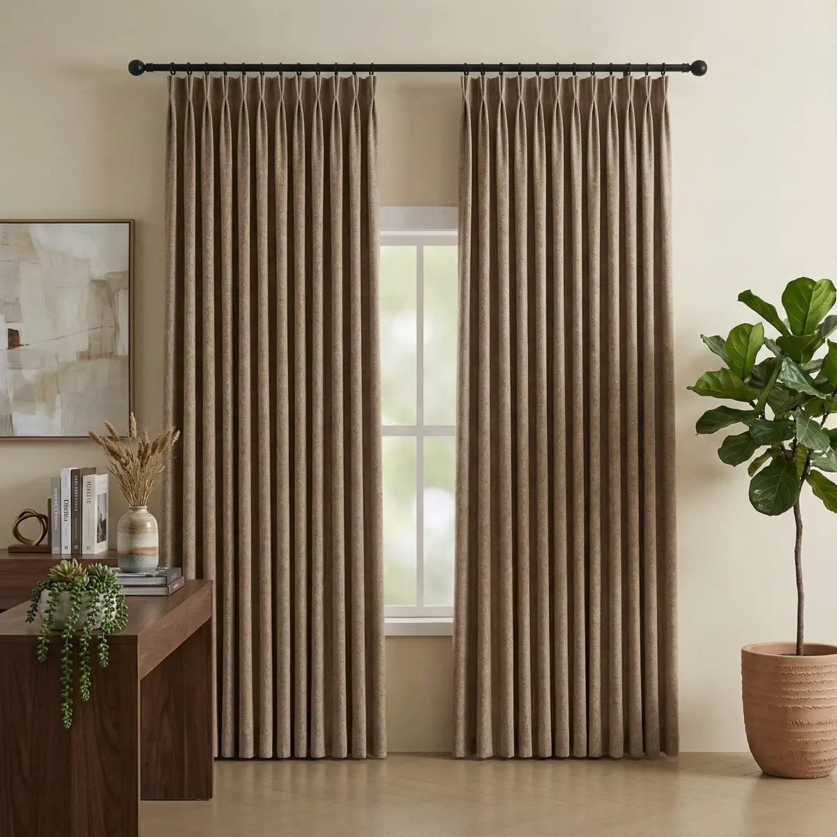 DraperyUS Custom Blackout Linen Curtains - Oatmeal - A soft, natural fabric feel for a cozy atmosphere.