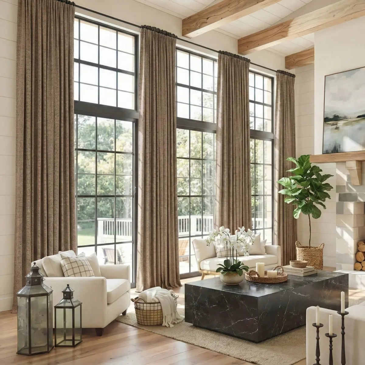 DraperyUS Custom Extra Long 100% Blackout Linen Curtains - Oatmeal - A soft, natural fabric feel for a cozy atmosphere.