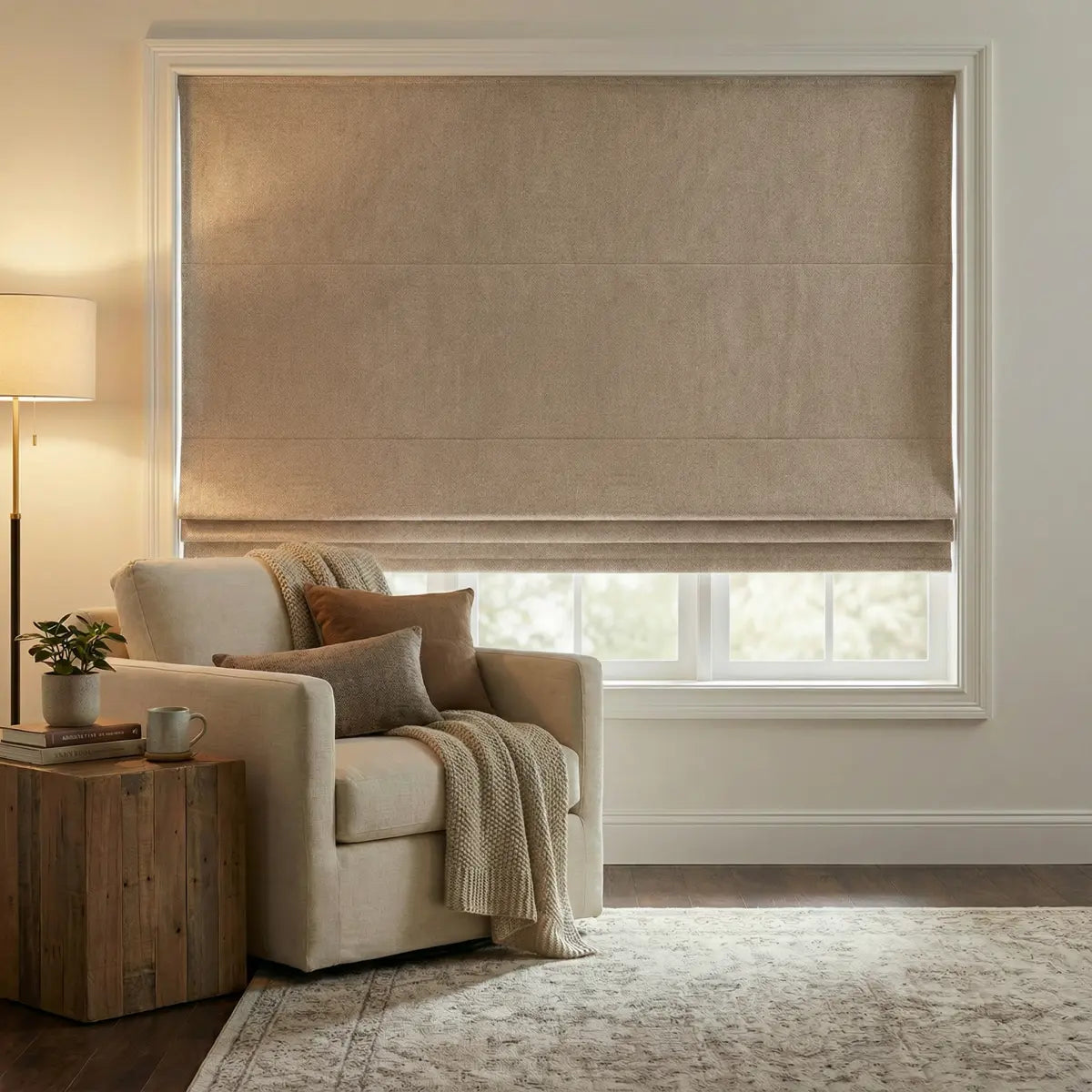 DraperyUS Custom Roman Shades - Oatmeal - A soft, natural fabric feel for a cozy atmosphere.