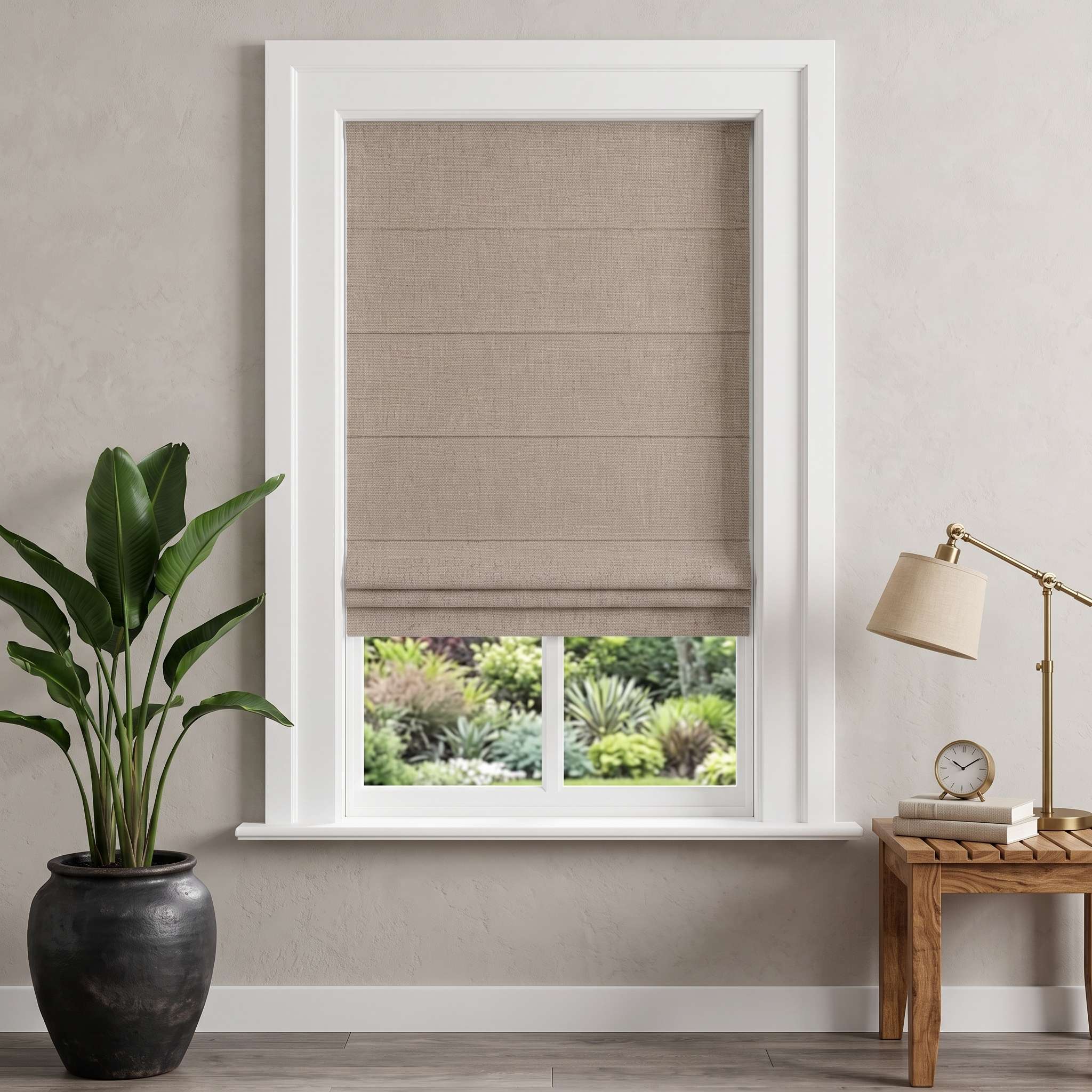 DraperyUS Custom Roman Shades - Oatmeal - A soft, natural fabric feel for a cozy atmosphere.