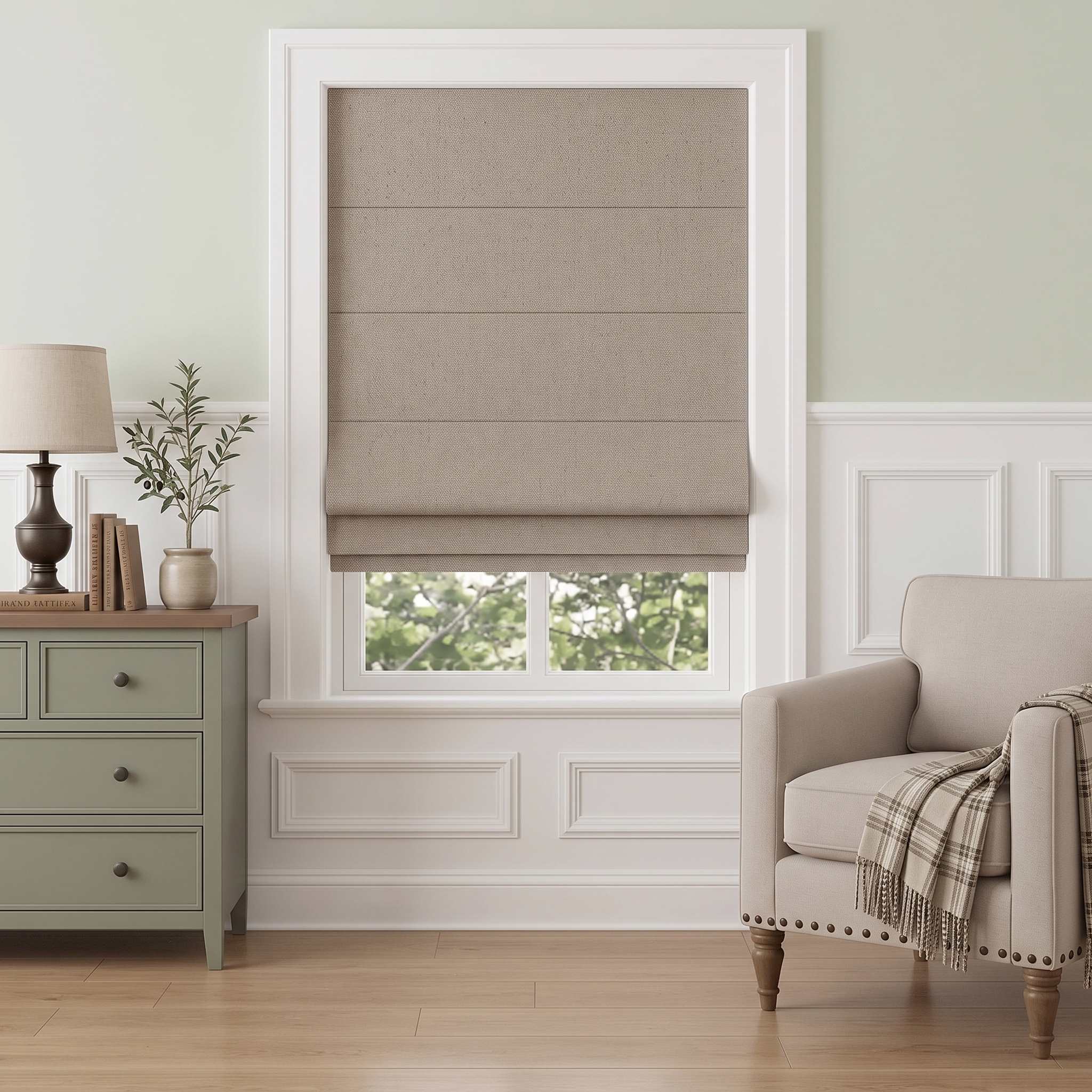 DraperyUS Custom Roman Shades - Oatmeal - A soft, natural fabric feel for a cozy atmosphere.