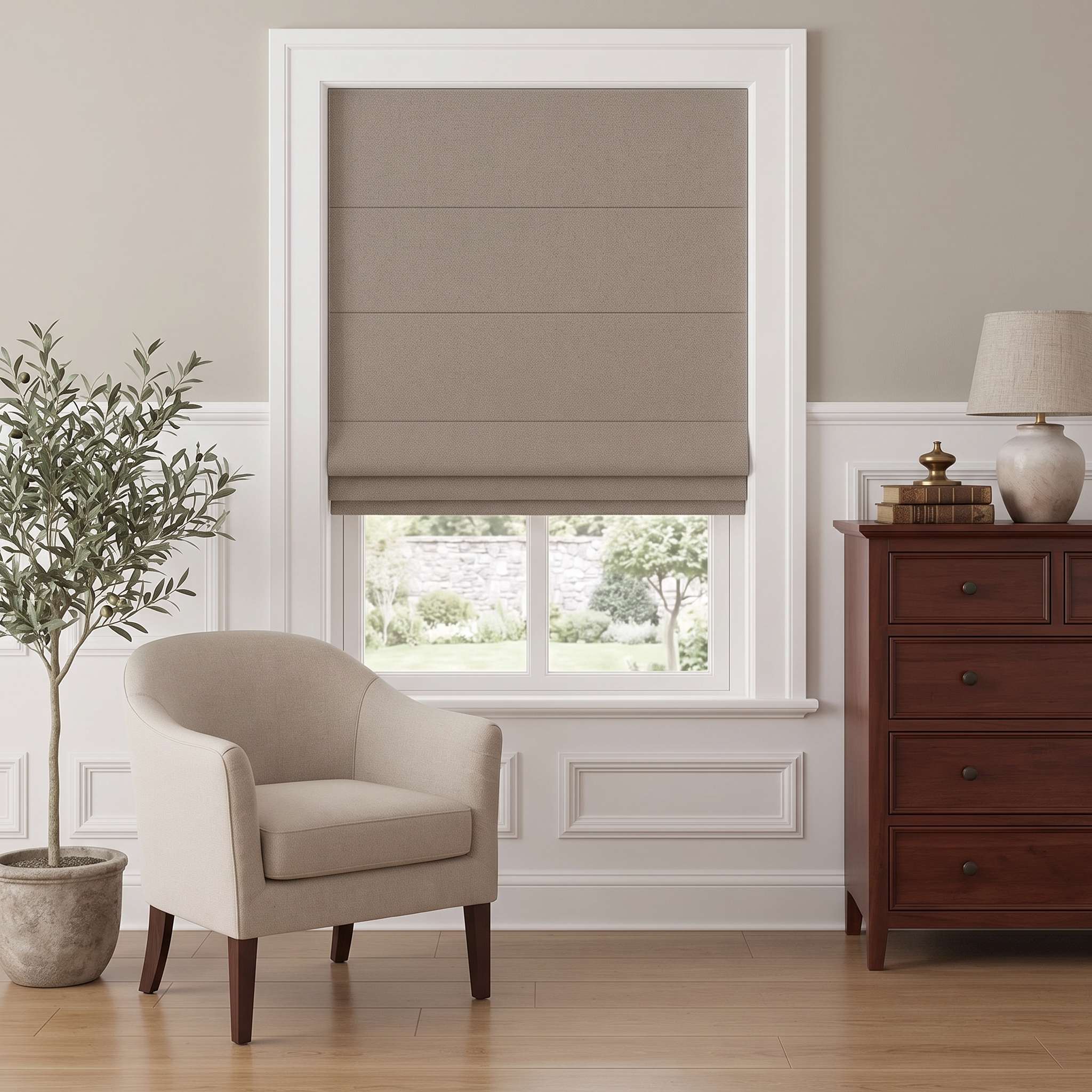 DraperyUS Custom Roman Shades - Taupe - A deep, woody brownish-grey for elegant spaces.