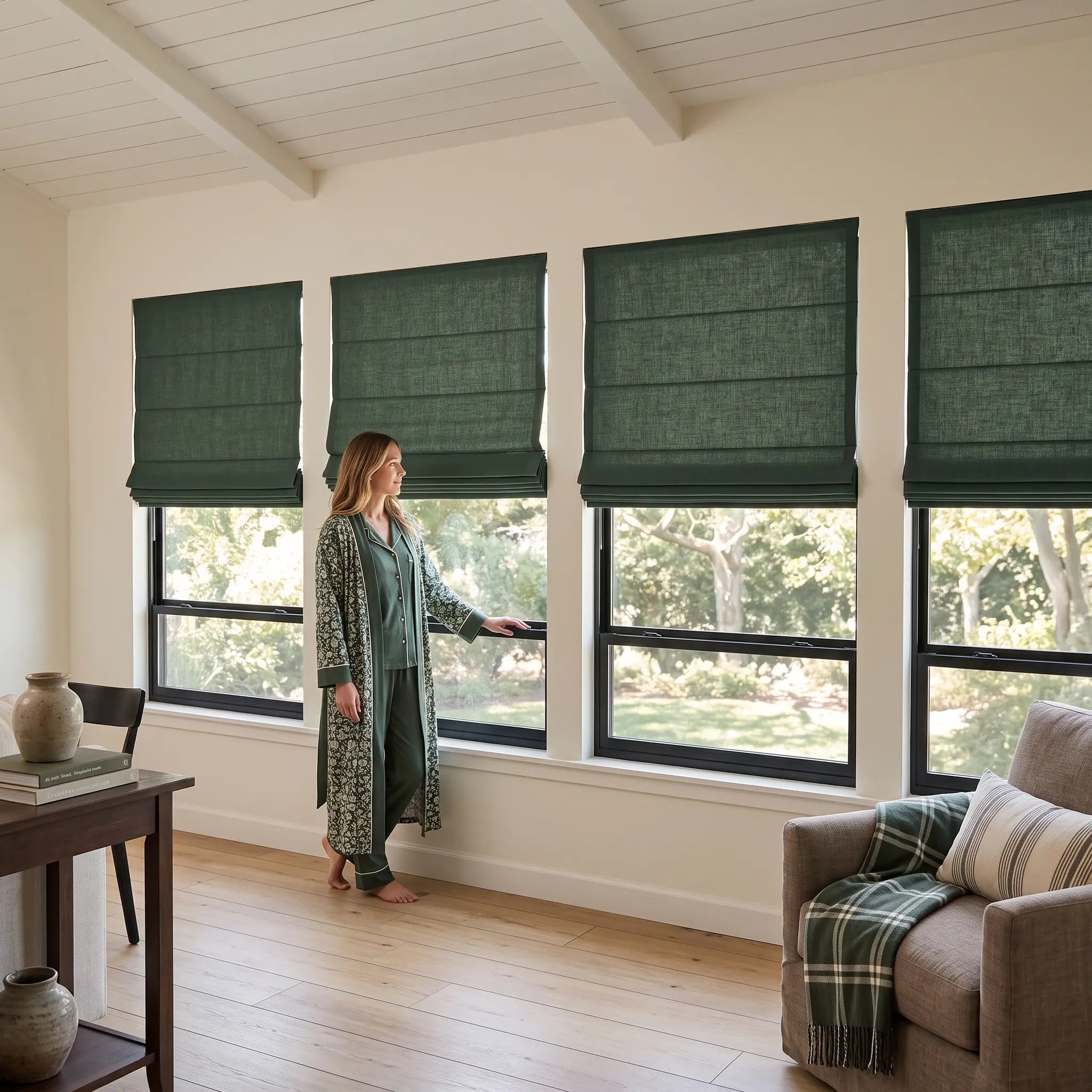 Custom Cordless Light Filtering Linen Roman Shades - Natural Texture, Made to Measure