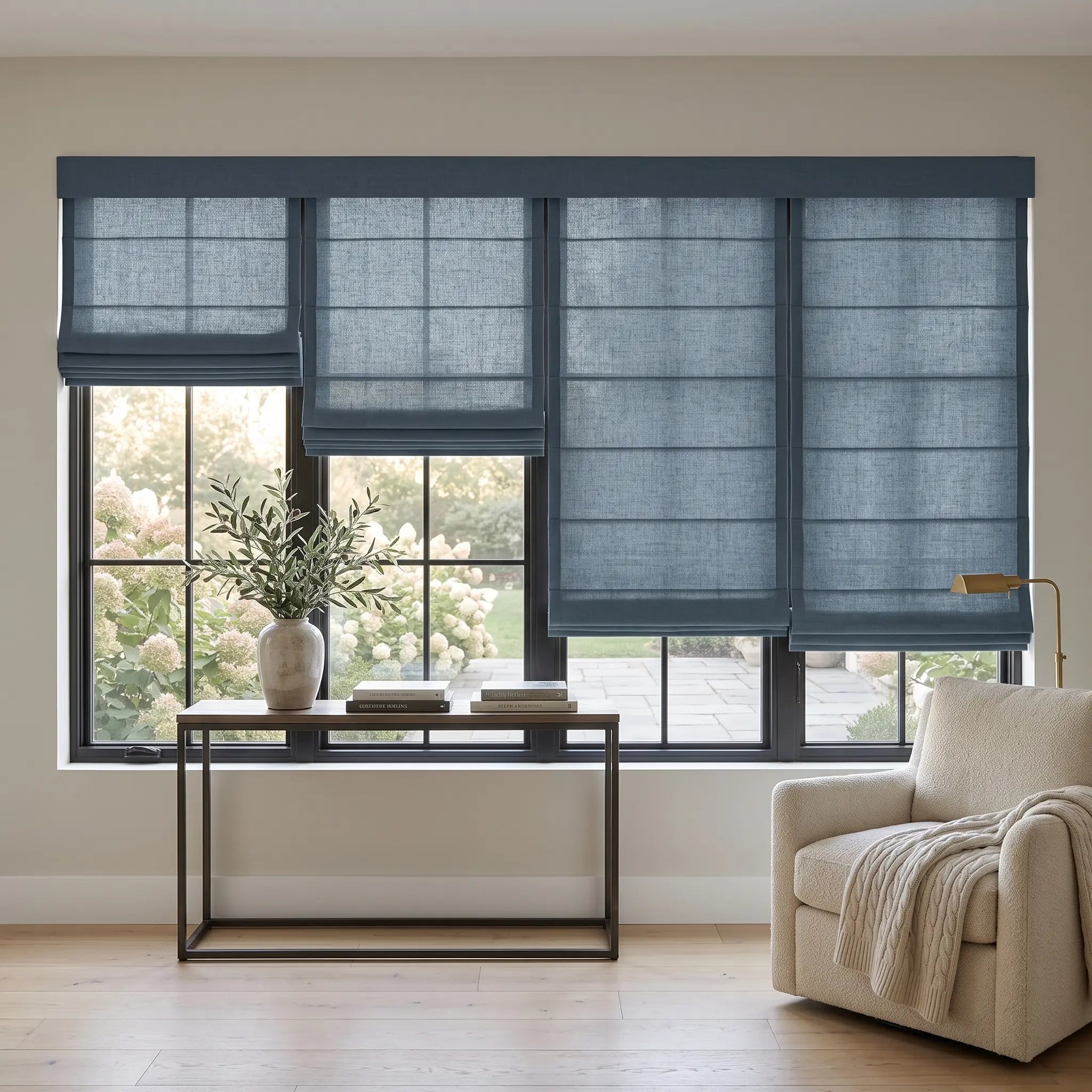 Custom Cordless Light Filtering Linen Roman Shades - Natural Texture, Made to Measure