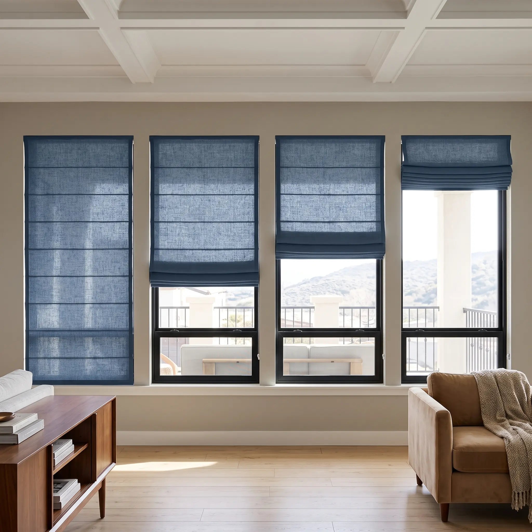 Custom Cordless Light Filtering Linen Roman Shades - Natural Texture, Made to Measure
