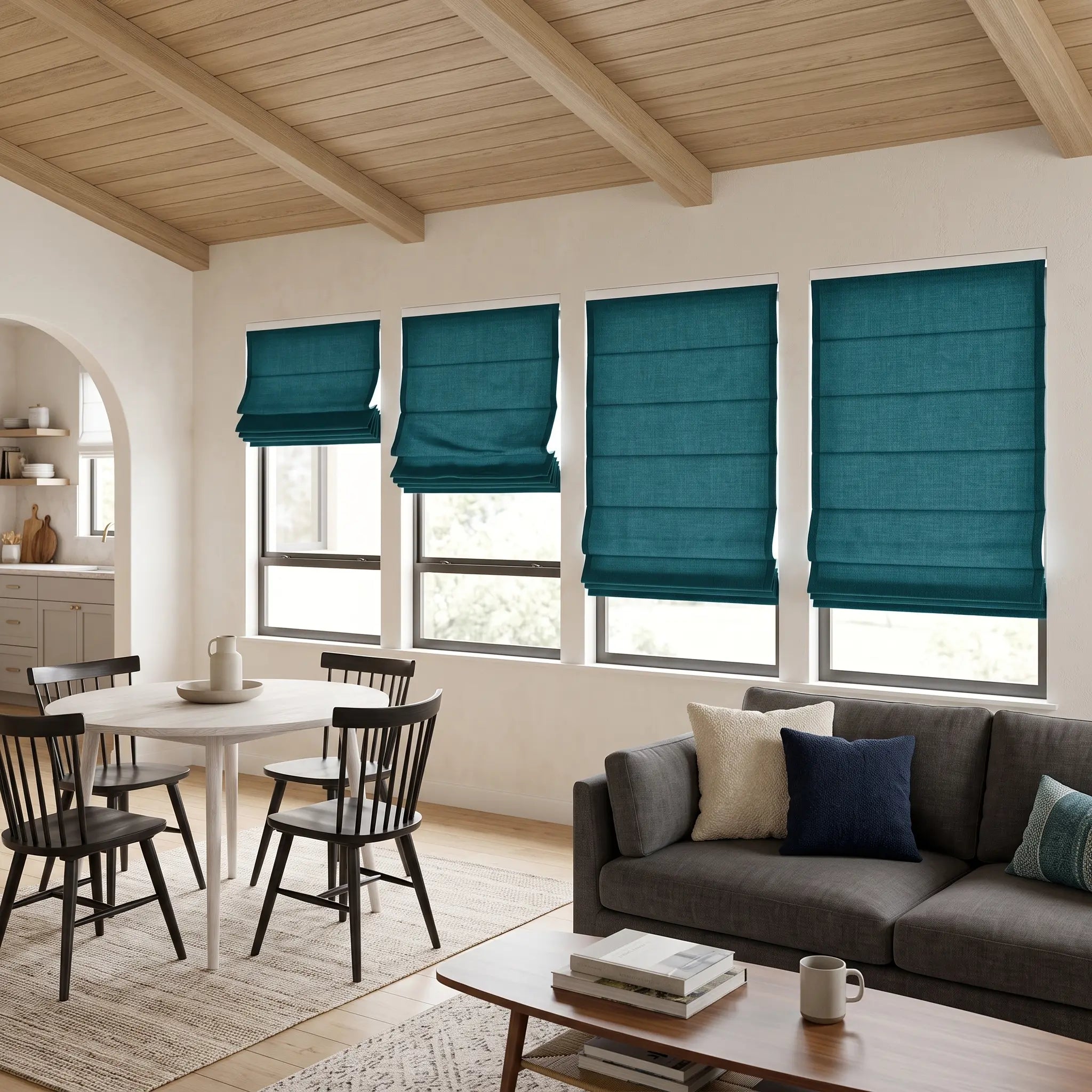 Custom Cordless Light Filtering Linen Roman Shades - Natural Texture, Made to Measure