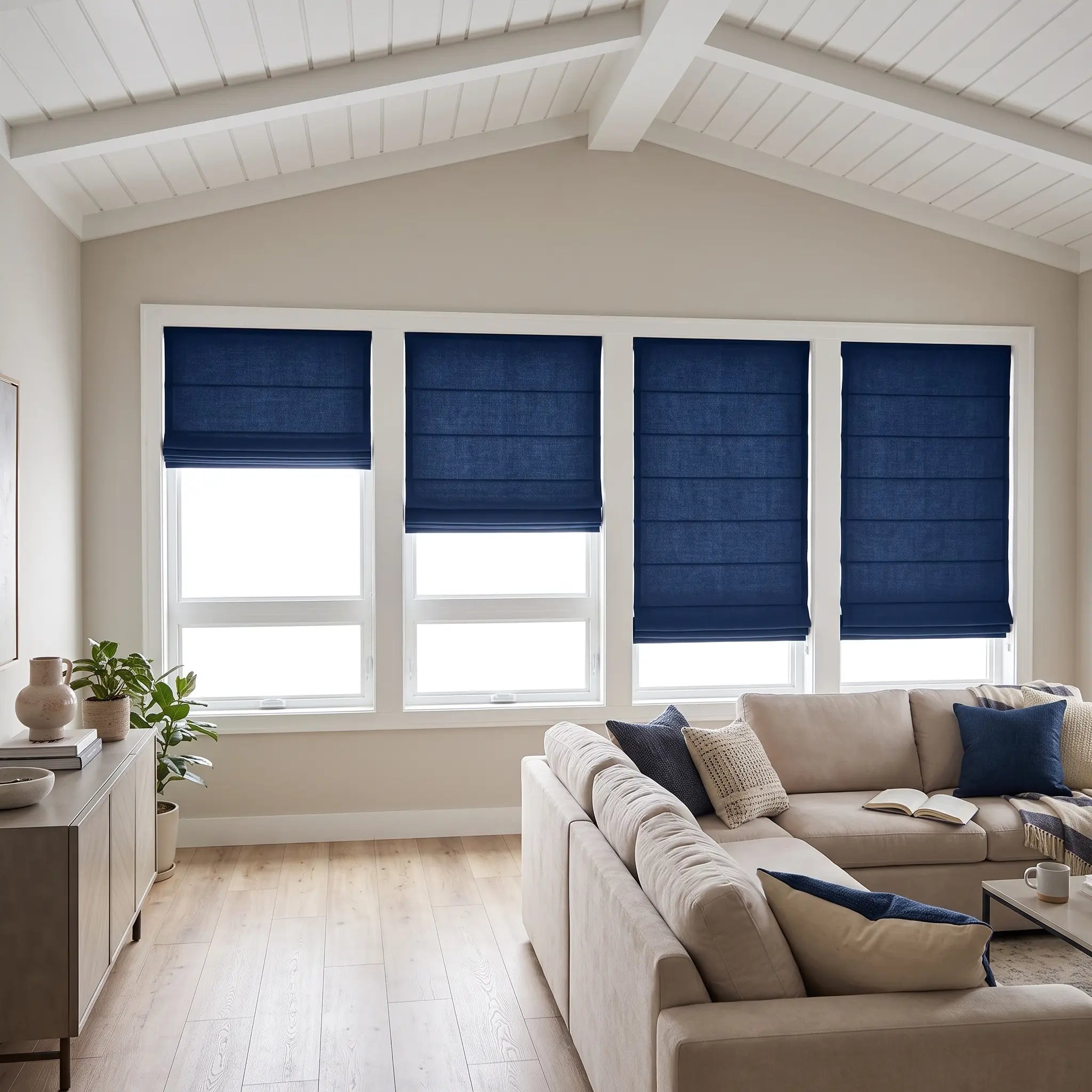 Custom Cordless Light Filtering Linen Roman Shades - Natural Texture, Made to Measure