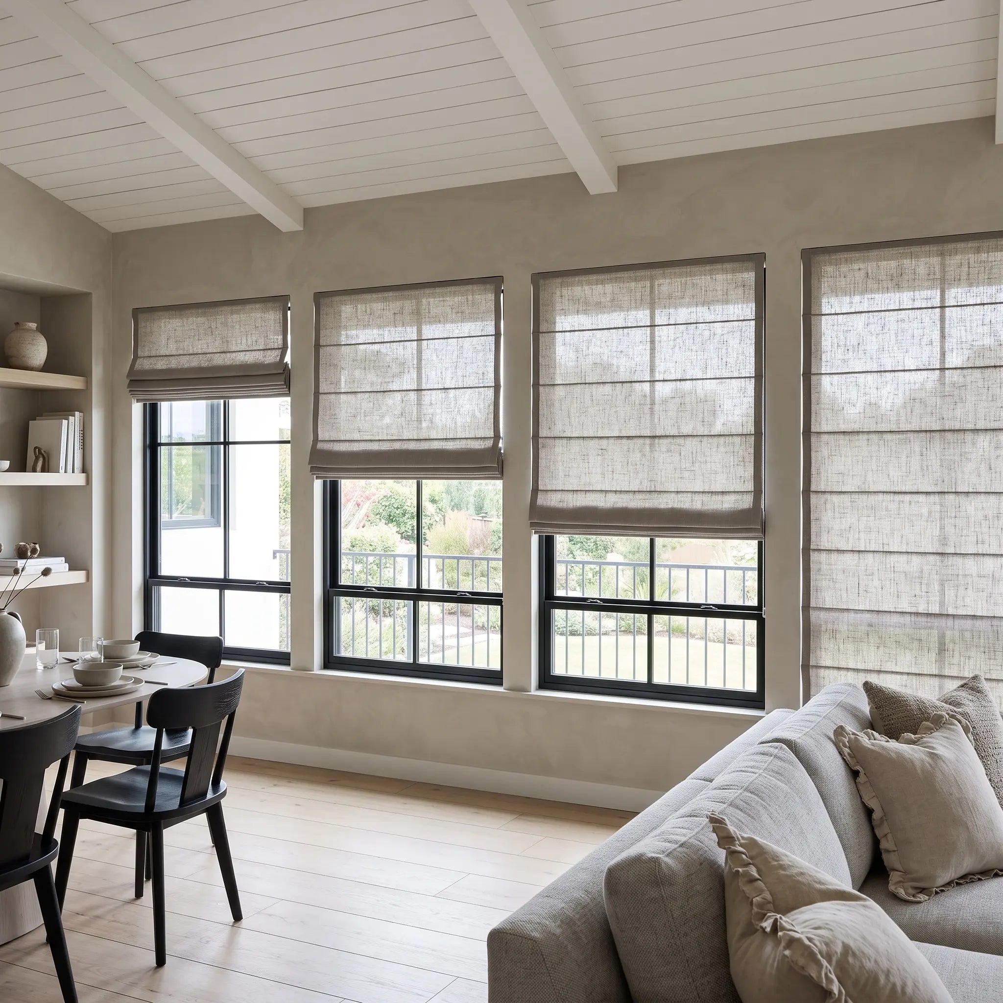 Custom Cordless Light Filtering Linen Roman Shades - Natural Texture, Made to Measure