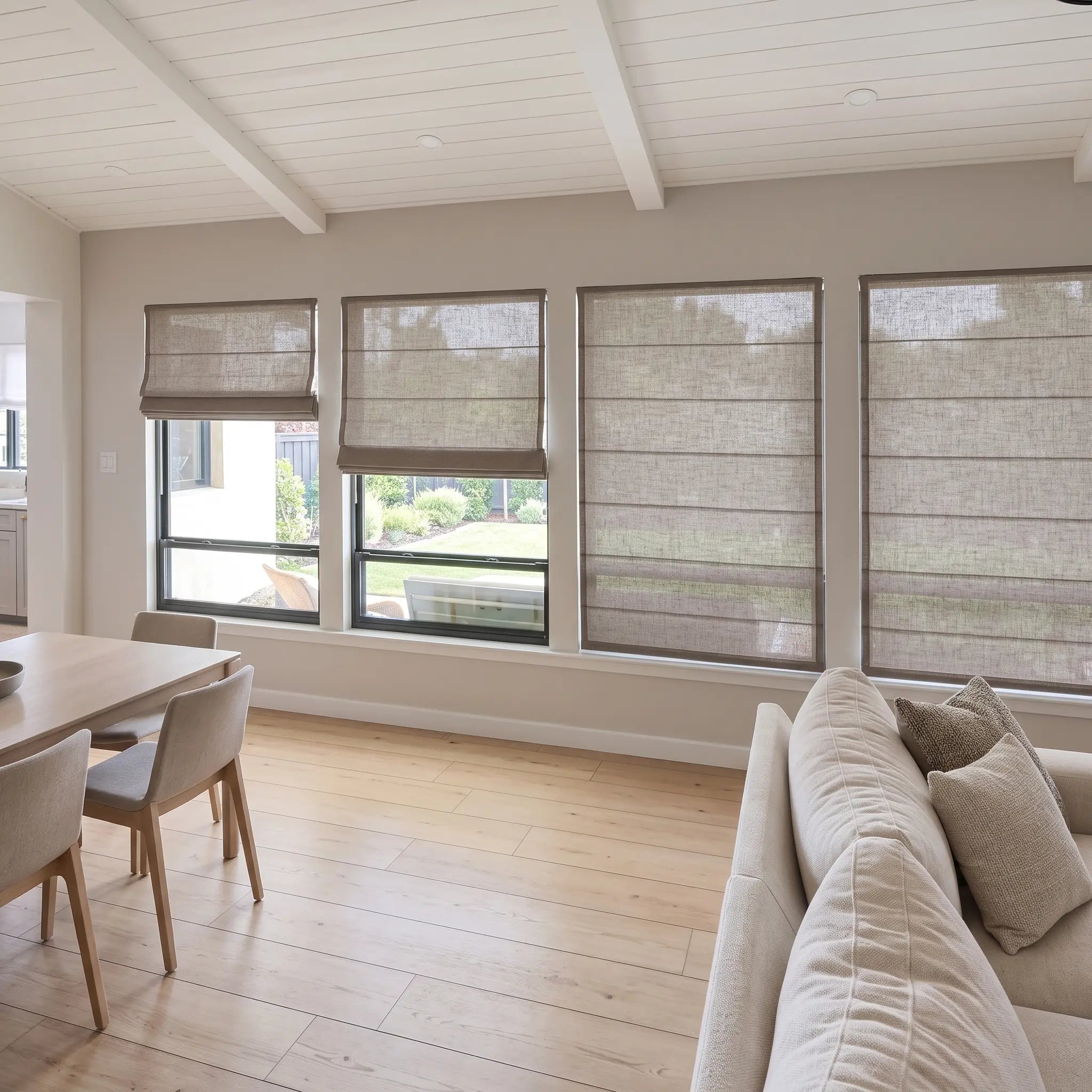 Custom Cordless Light Filtering Linen Roman Shades - Natural Texture, Made to Measure