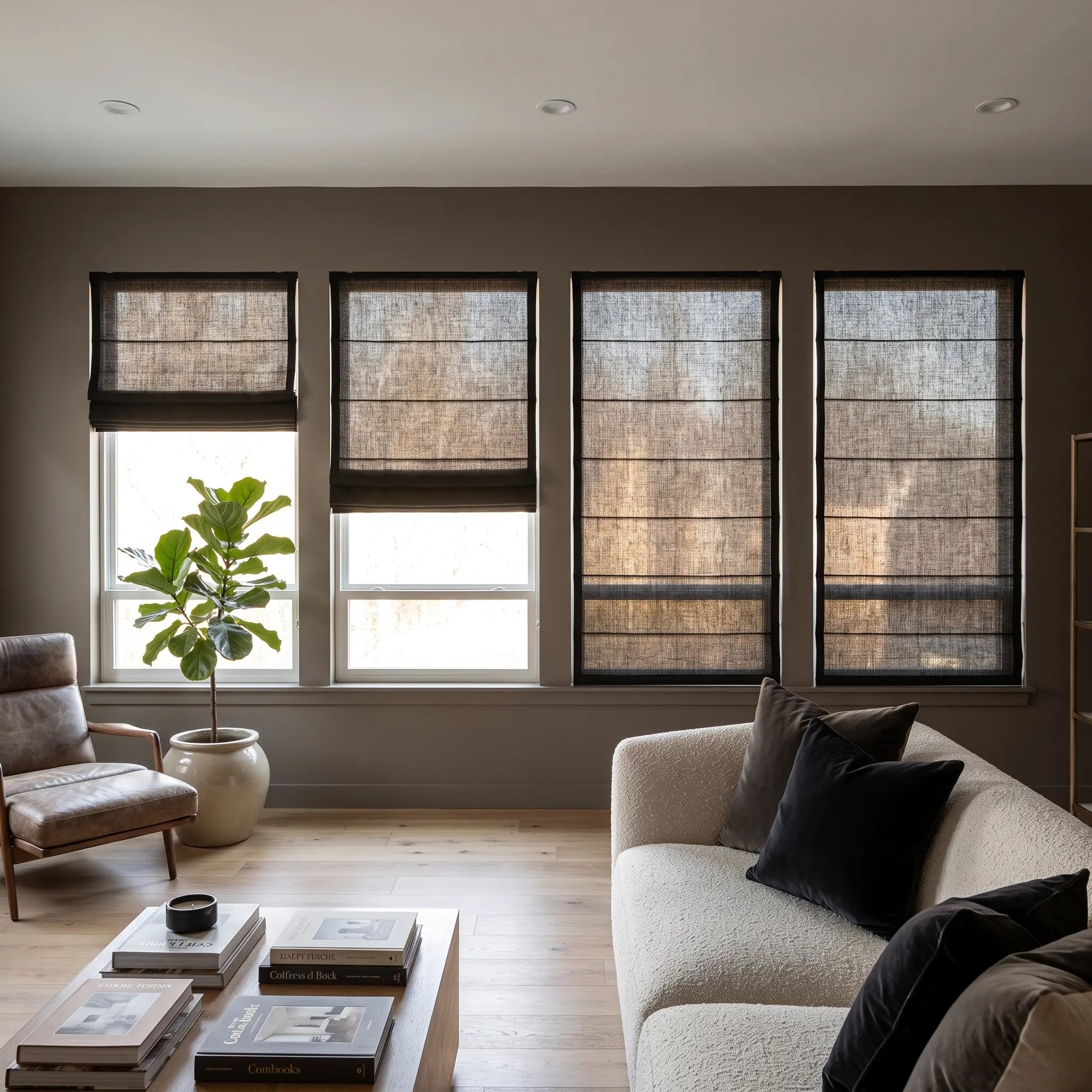 Custom Cordless Light Filtering Linen Roman Shades - Natural Texture, Made to Measure