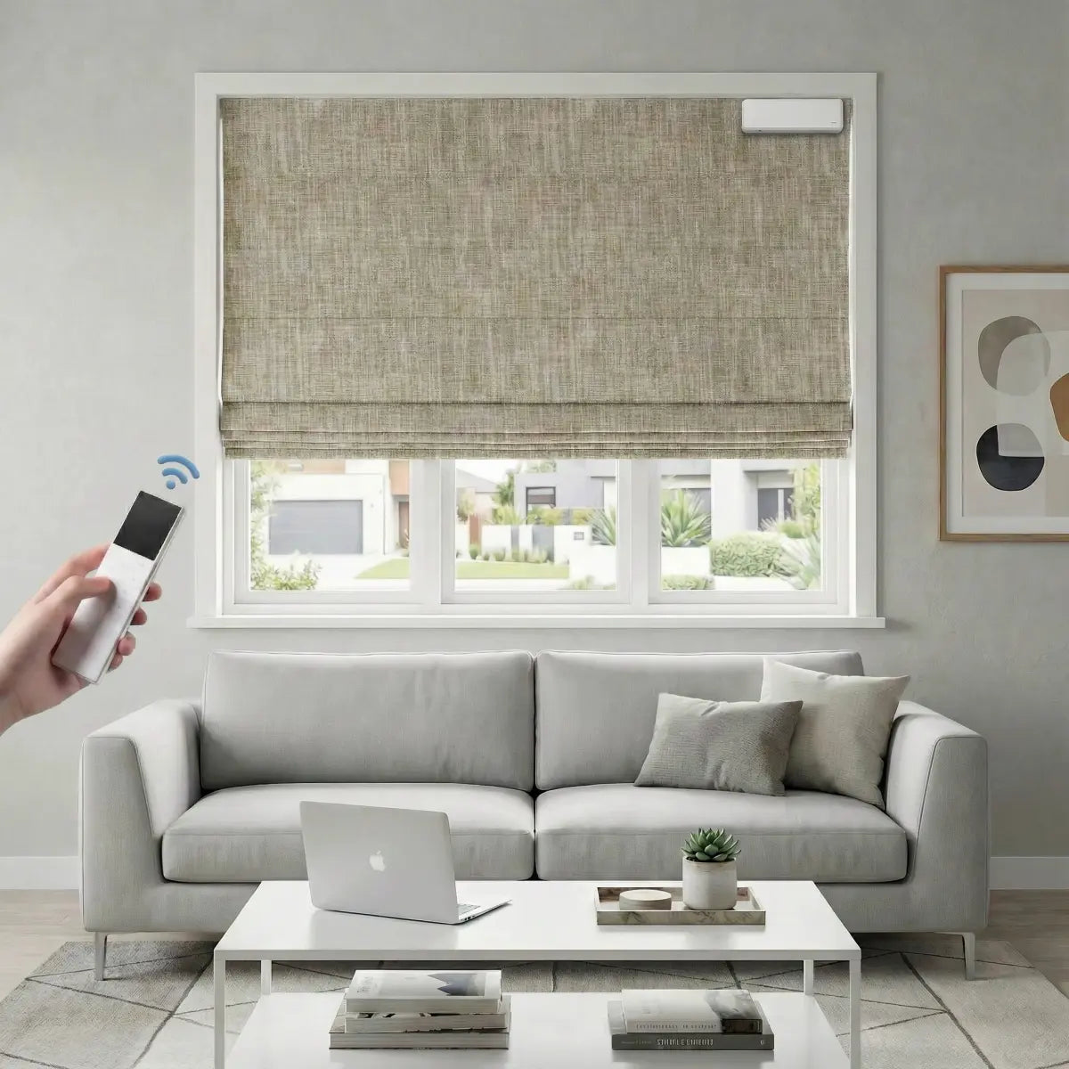 Custom 100% Blackout Motorized Roman Shades, Magnetic Battery-operated, Bamboo Texture.