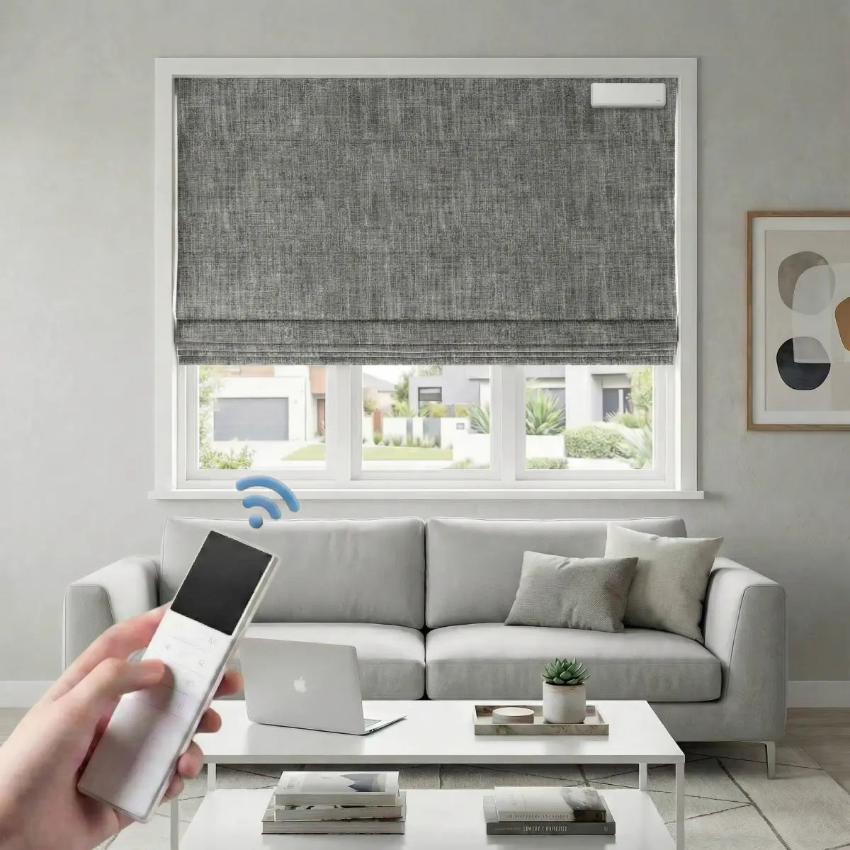 Custom 100% Blackout Motorized Roman Shades, Magnetic Battery-operated, Bamboo Texture.