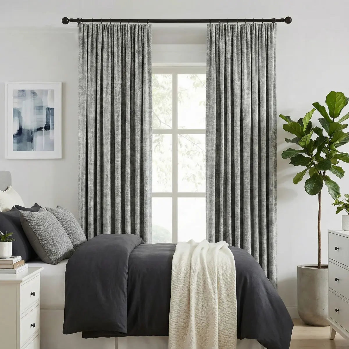 DraperyUS Custom 100% Blackout Linen Curtains - Charcoal Weave - A deep, textured grey with high-contrast woven details.