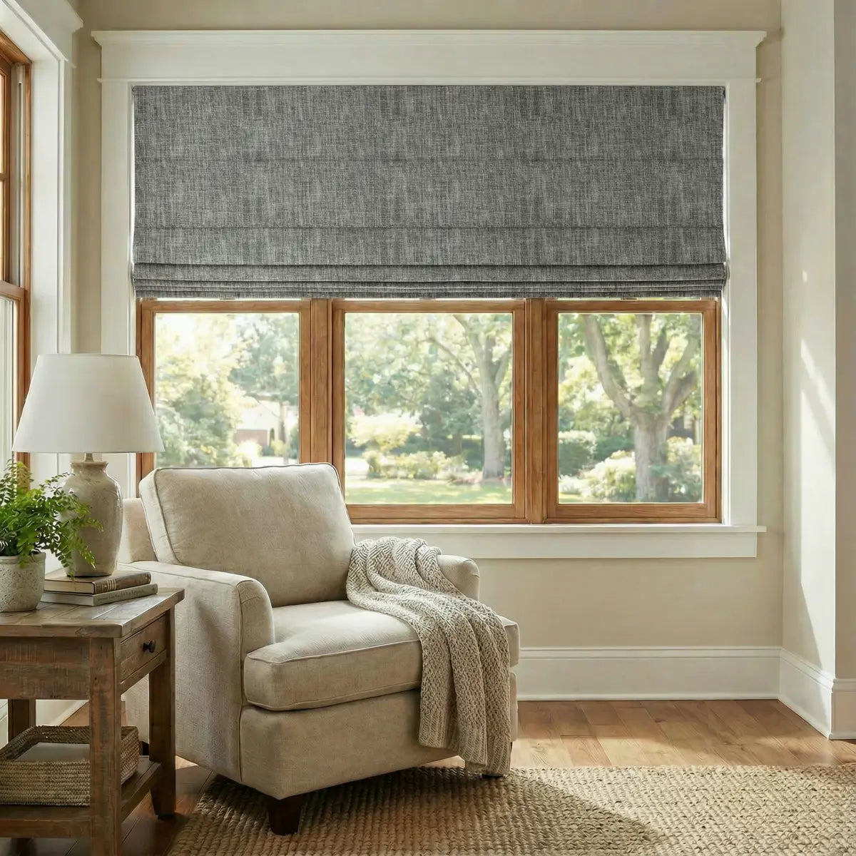 DraperyUS Custom Roman Shades - Charcoal Weave - A deep, textured grey with high-contrast woven details.