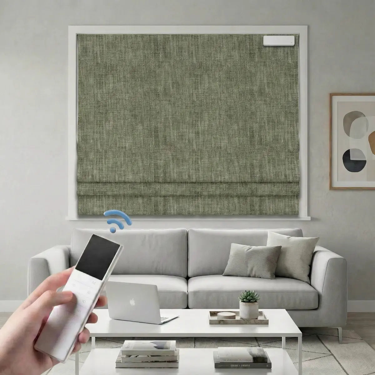 Custom 100% Blackout Motorized Roman Shades, Magnetic Battery-operated, Bamboo Texture.