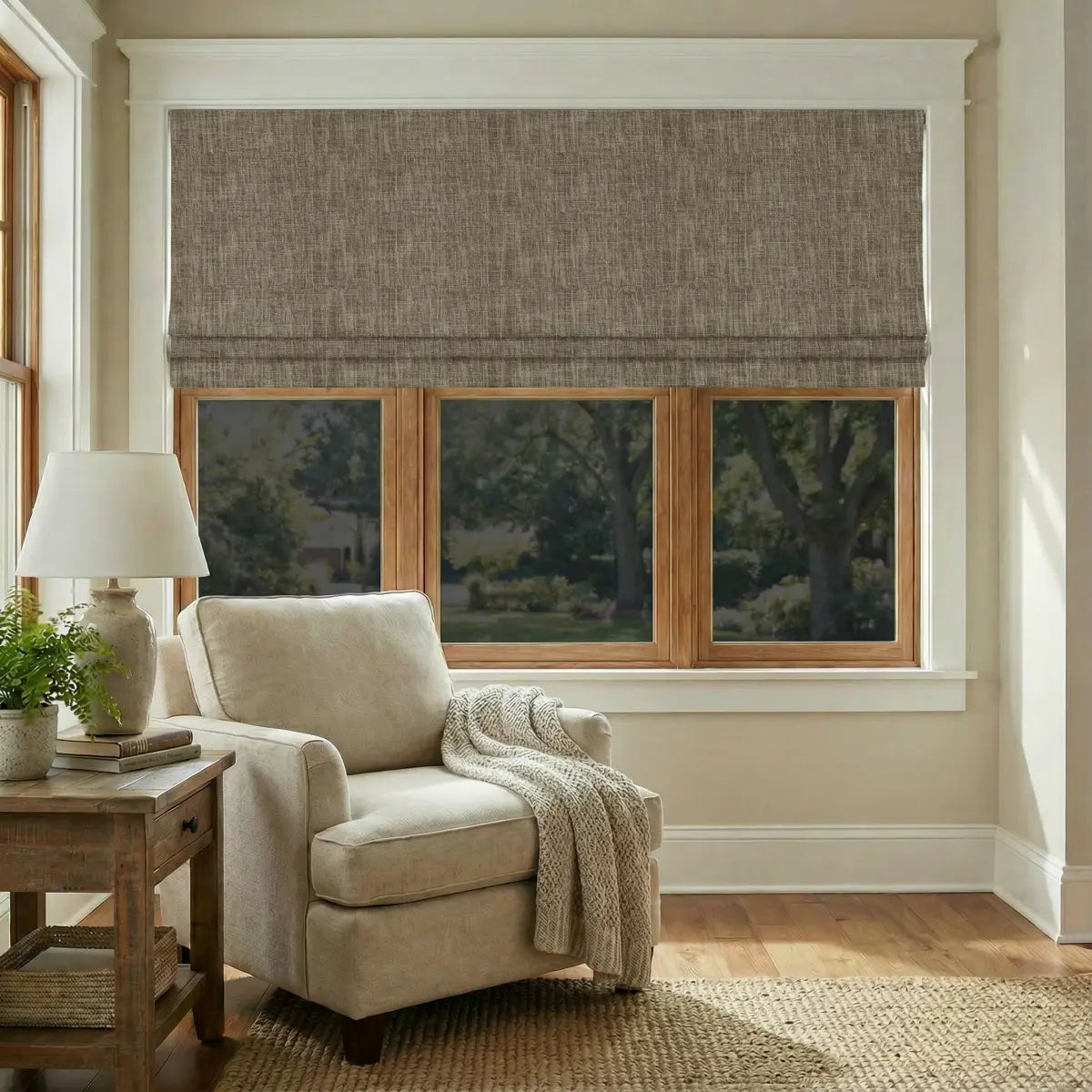 DraperyUS Custom Roman Shades - Rustic Flax - A natural, unbleached brownish-beige with a heavy linen feel.