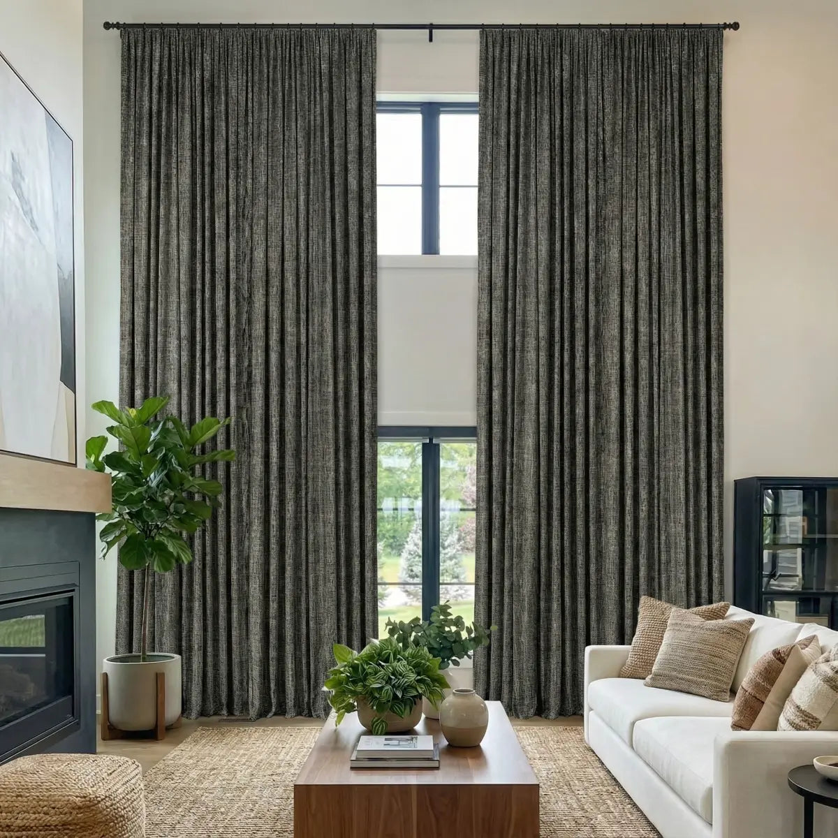 DraperyUS Costom Extra Long 100% Blackout Linen Curtains - Grey Tweed - A rich, multi-tonal grey with a classic heritage weave.