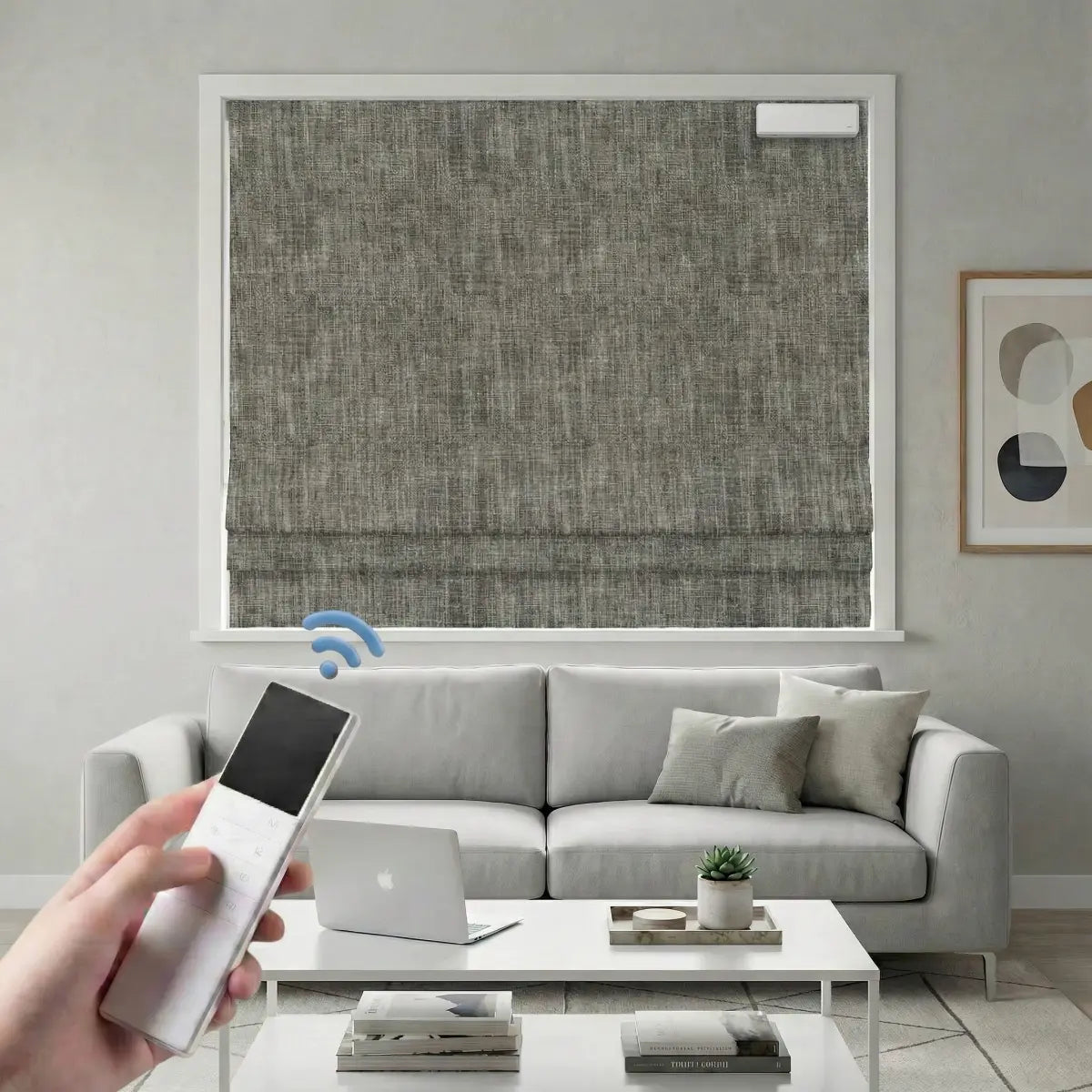 Custom 100% Blackout Motorized Roman Shades, Magnetic Battery-operated, Bamboo Texture.