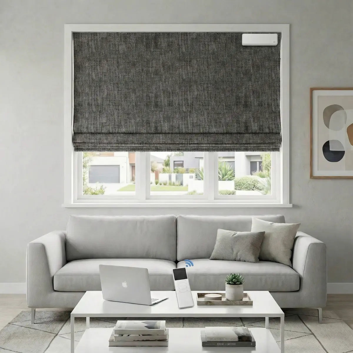 Custom 100% Blackout Motorized Roman Shades, Magnetic Battery-operated, Bamboo Texture.