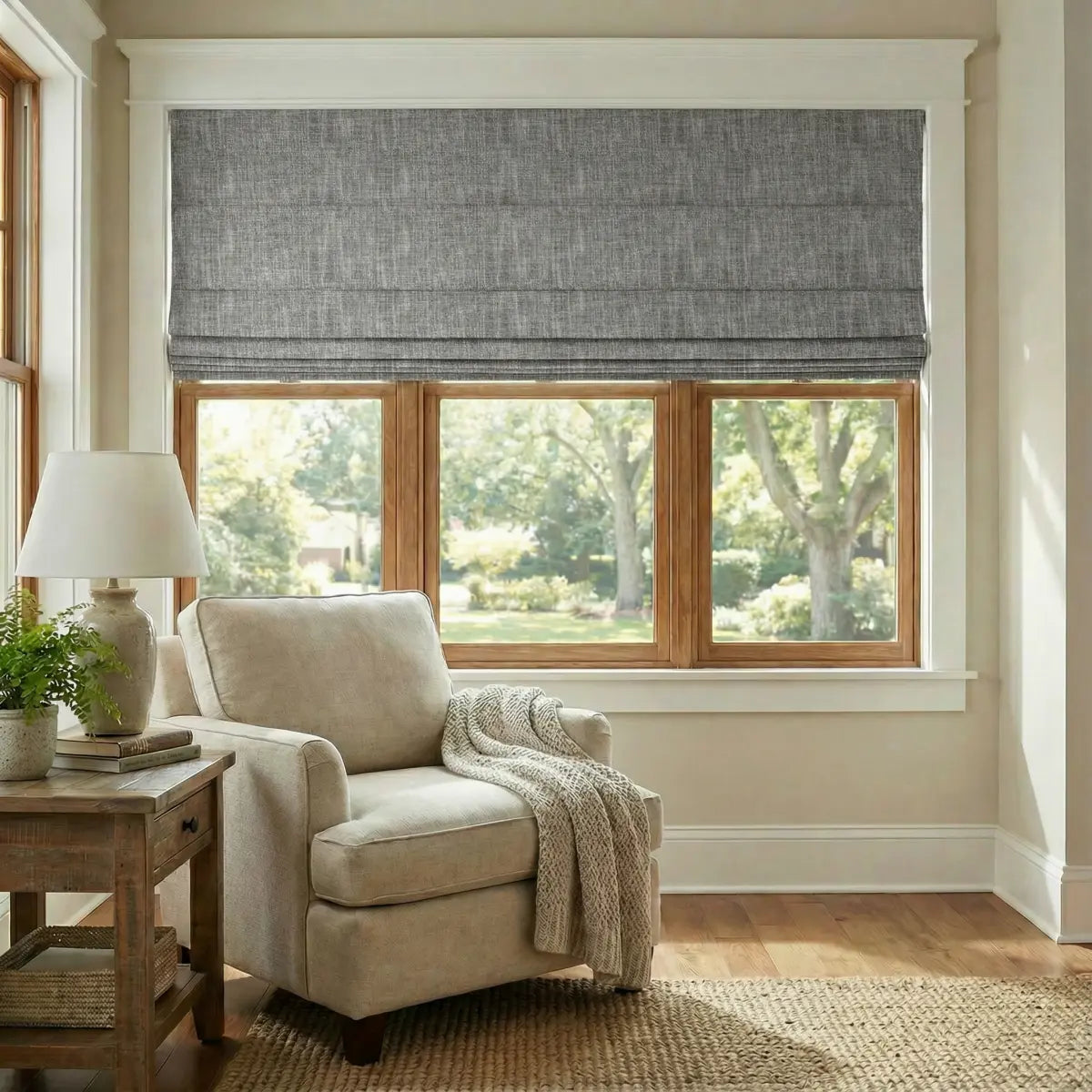 DraperyUS Custom Roman Shades - Granite Grey - A solid and modern stoney grey with linen texture.