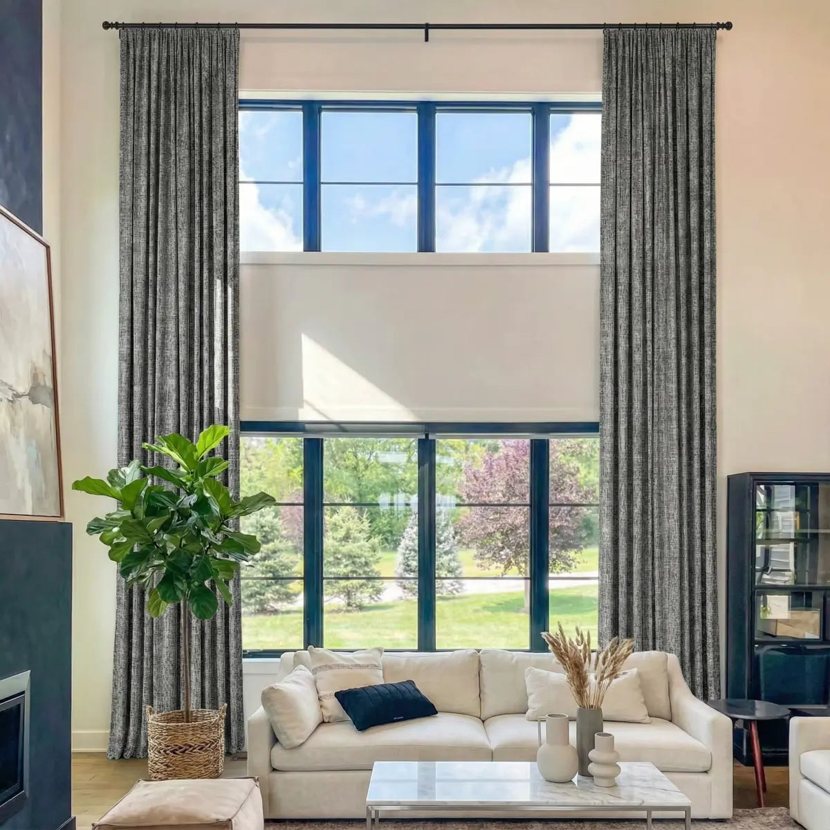 DraperyUS Costom Extra Long 100% Blackout Linen Curtains - Granite Grey - A solid and modern stoney grey with linen texture.