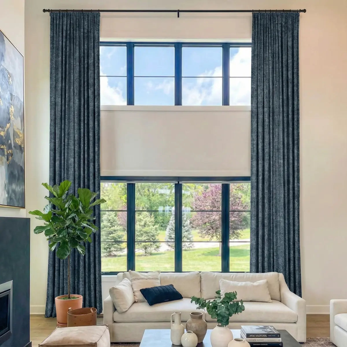 DraperyUS Costom Extra Long 100% Blackout Linen Curtains - Teal Blue - A moody and elegant fusion of deep blue and forest green.