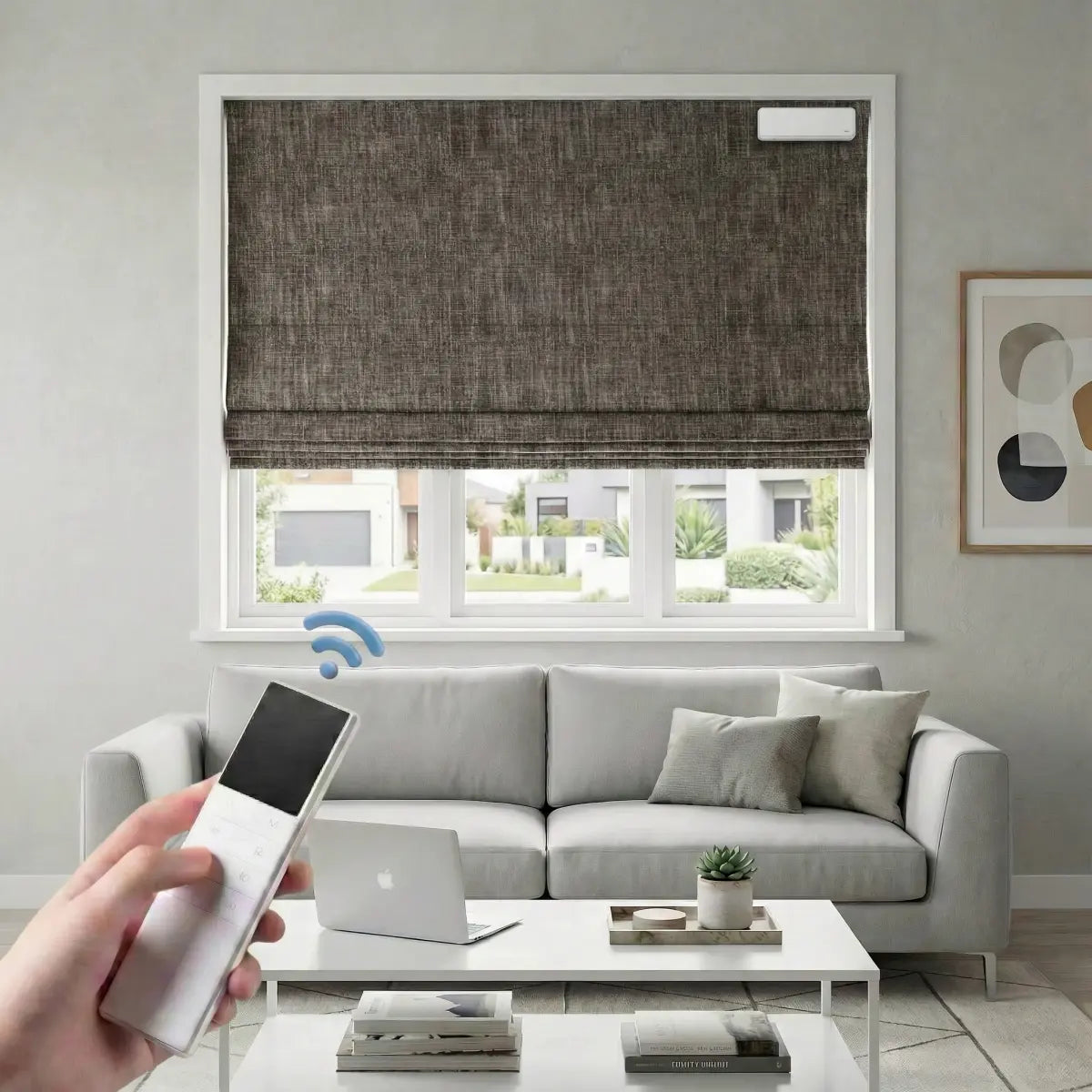 Custom 100% Blackout Motorized Roman Shades, Magnetic Battery-operated, Bamboo Texture.