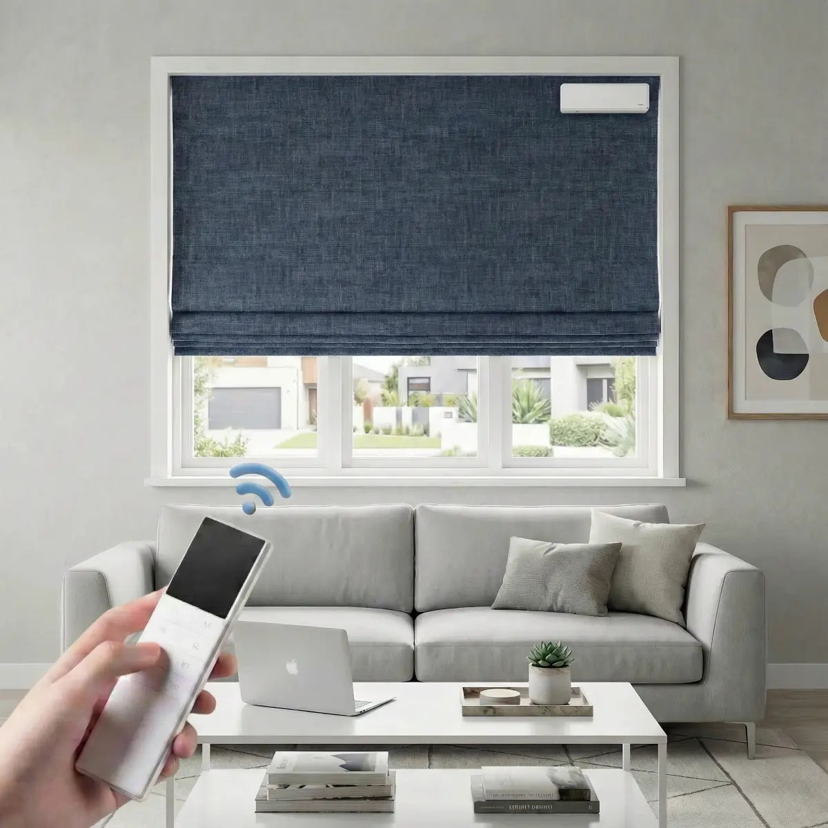 Custom 100% Blackout Motorized Roman Shades, Magnetic Battery-operated, Bamboo Texture.