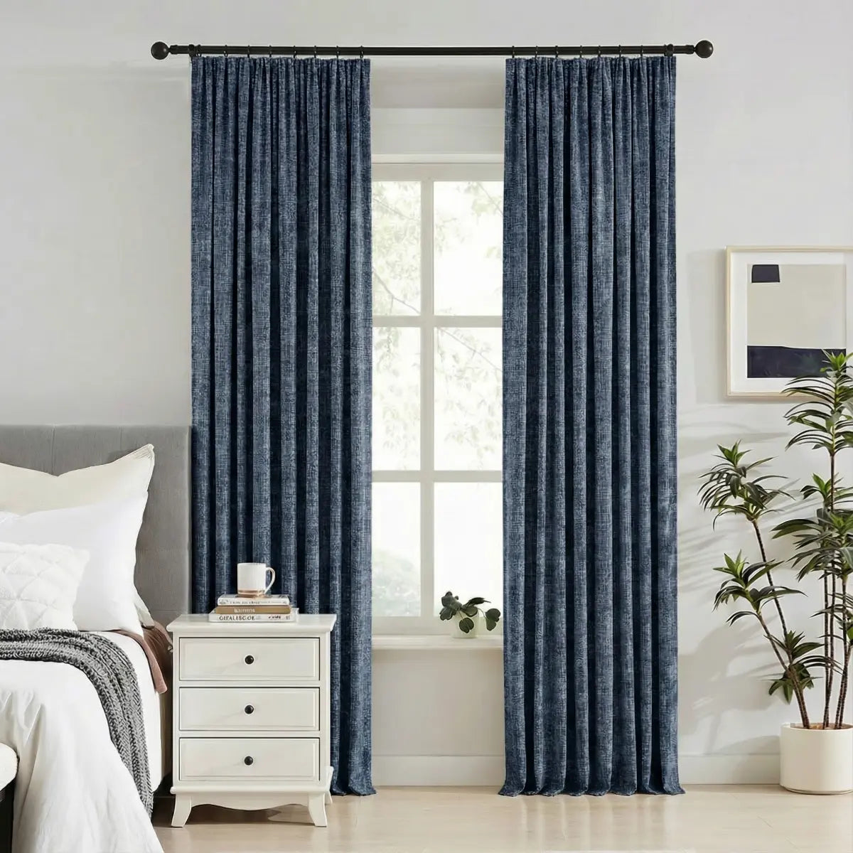 DraperyUS Custom 100% Blackout Linen Curtains - Dusty Indigo - A deep, romantic blue with a soft, muted greyish finish.