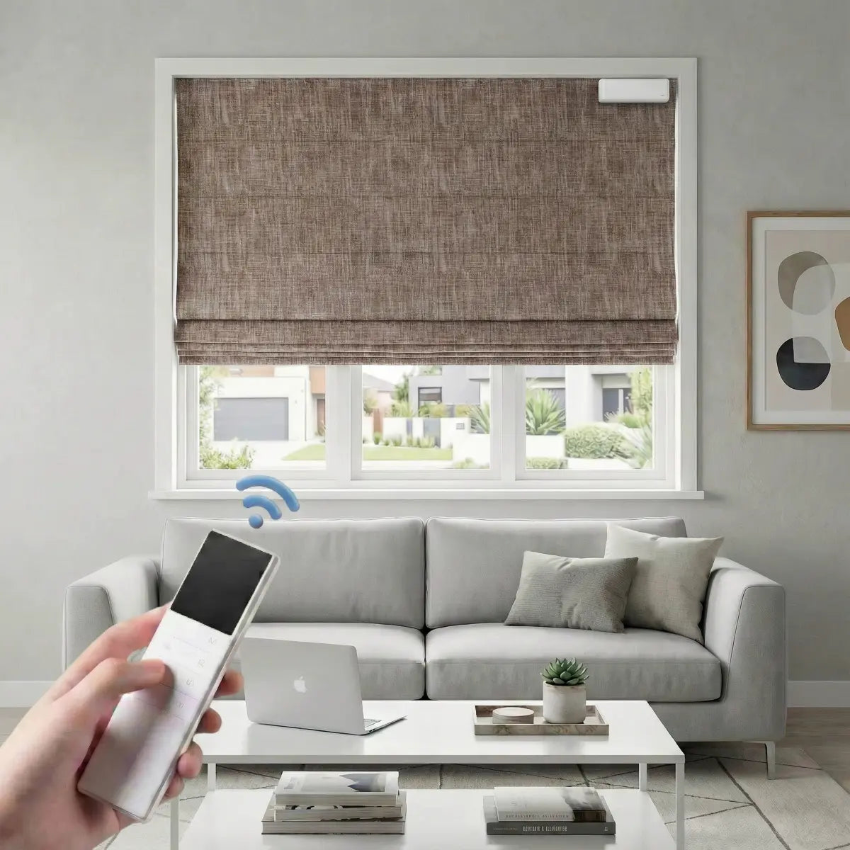 Custom 100% Blackout Motorized Roman Shades, Magnetic Battery-operated, Bamboo Texture.