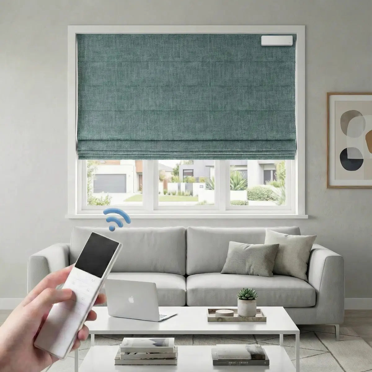 Custom 100% Blackout Motorized Roman Shades, Magnetic Battery-operated, Bamboo Texture.