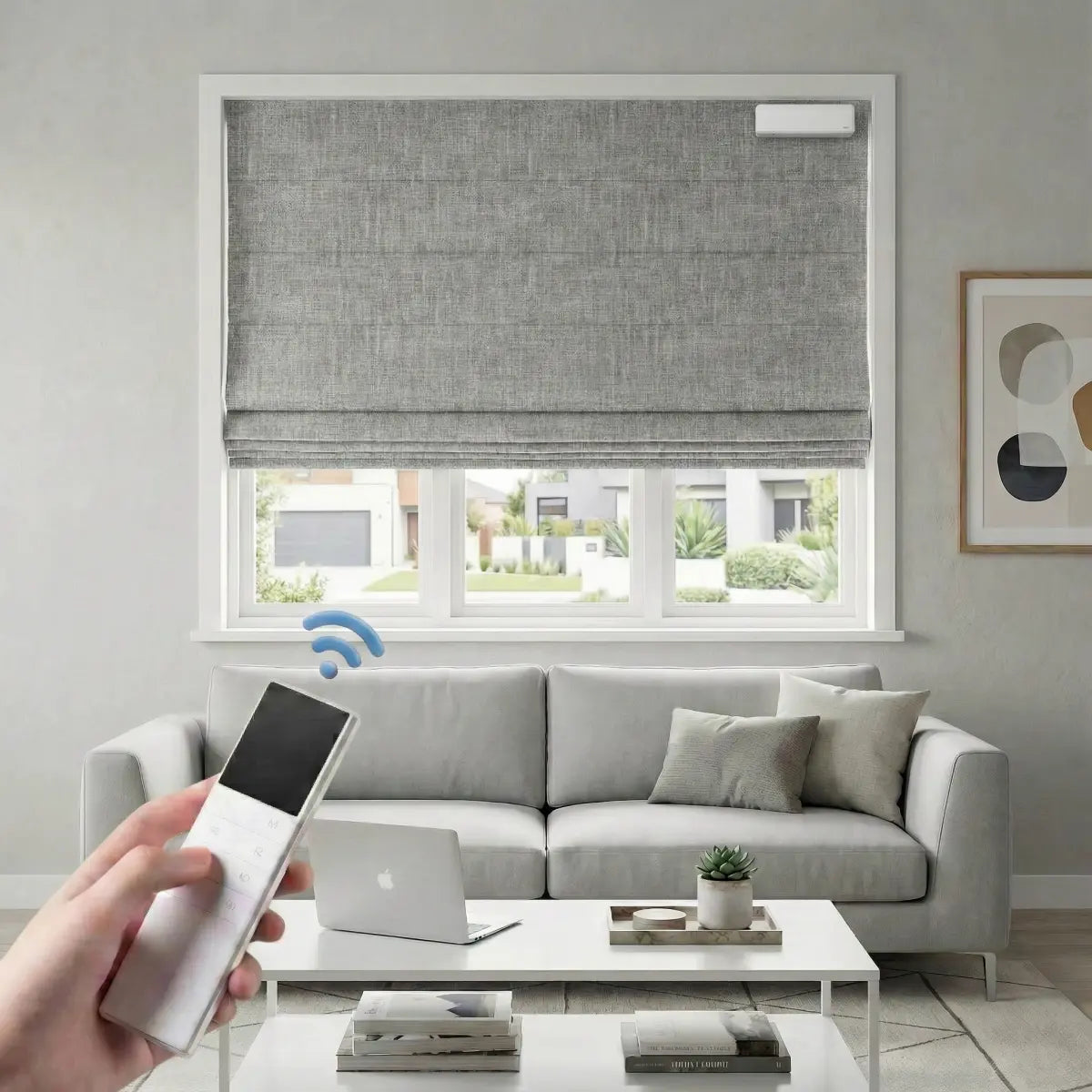 Custom 100% Blackout Motorized Roman Shades, Magnetic Battery-operated, Bamboo Texture.