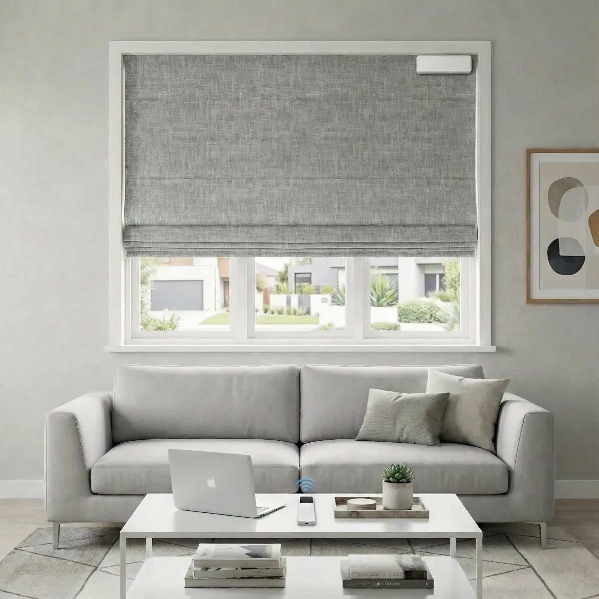 Custom 100% Blackout Motorized Roman Shades, Magnetic Battery-operated, Bamboo Texture.