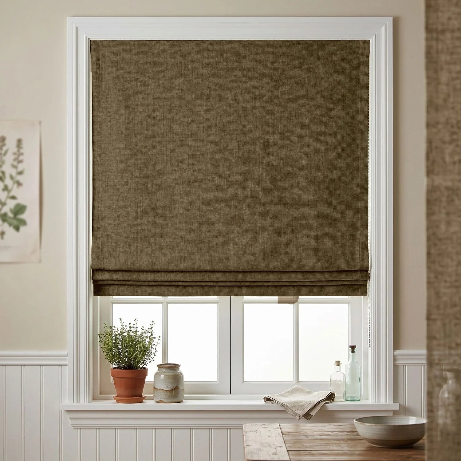 Custom Roman Shade - Deep Taupe in room